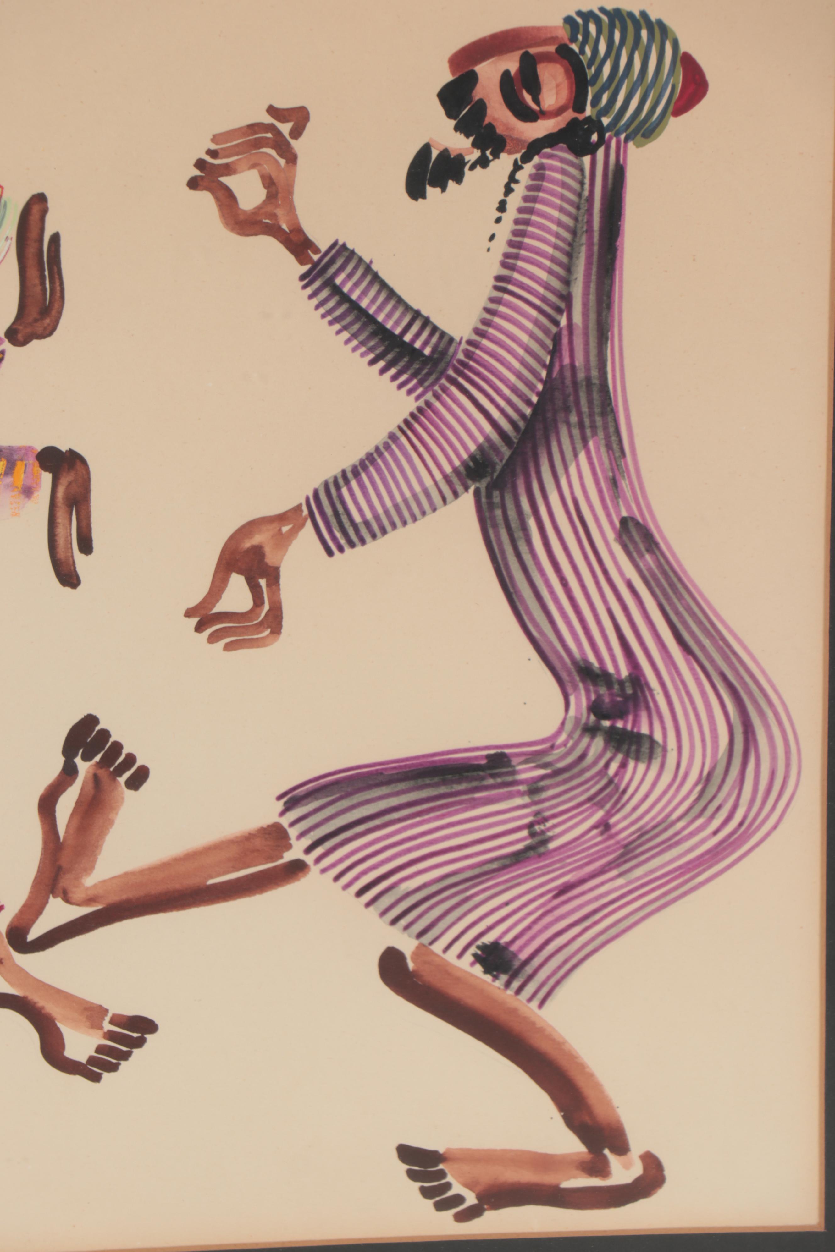 Pola Weizman Watercolor Painting of Yemenite Couple Dancing