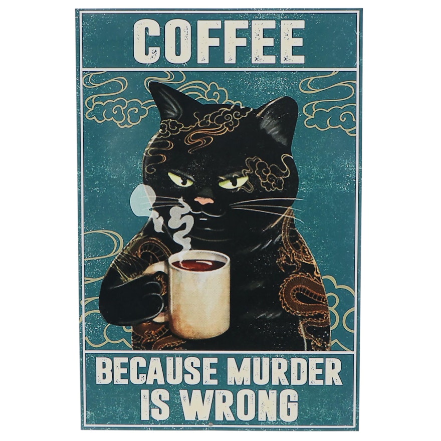 Giclée of a Black Cat Drinking Coffee, 21st century