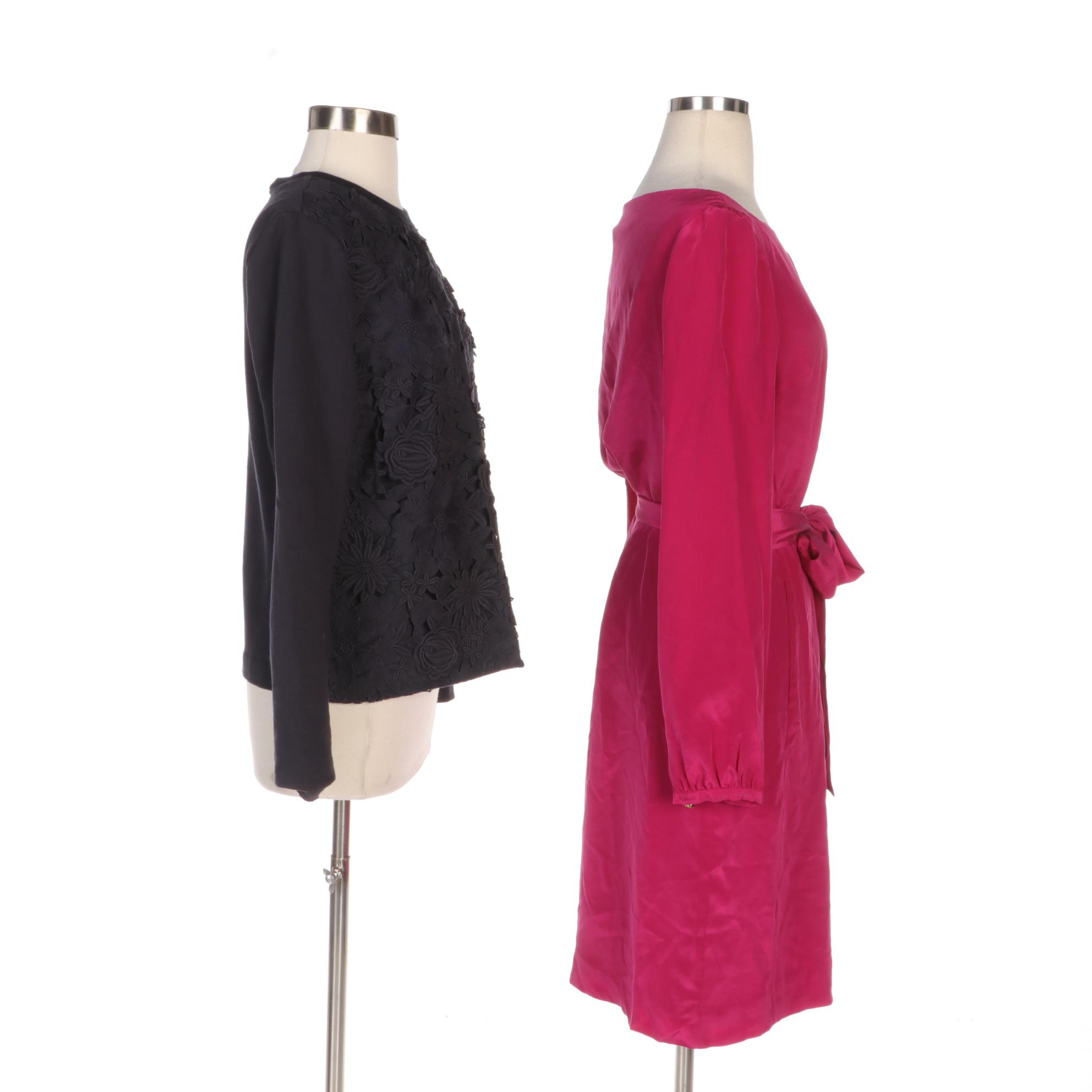 Tory Burch Fuchsia Kathy Dress with Tie Sash and Floral Overlay Knit Top