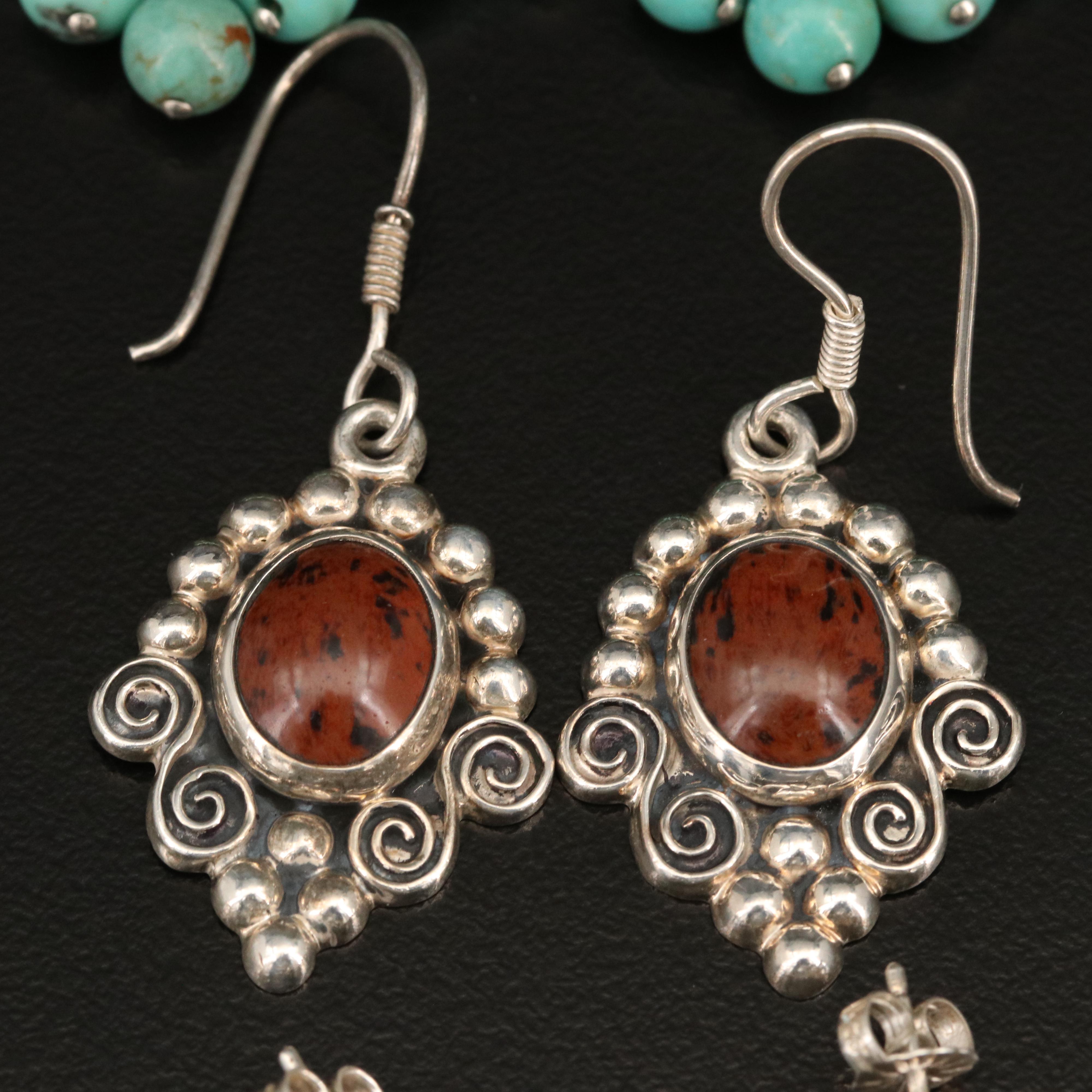 Sterling Silver Earrings Including Turquoise, Pearls and Jasper