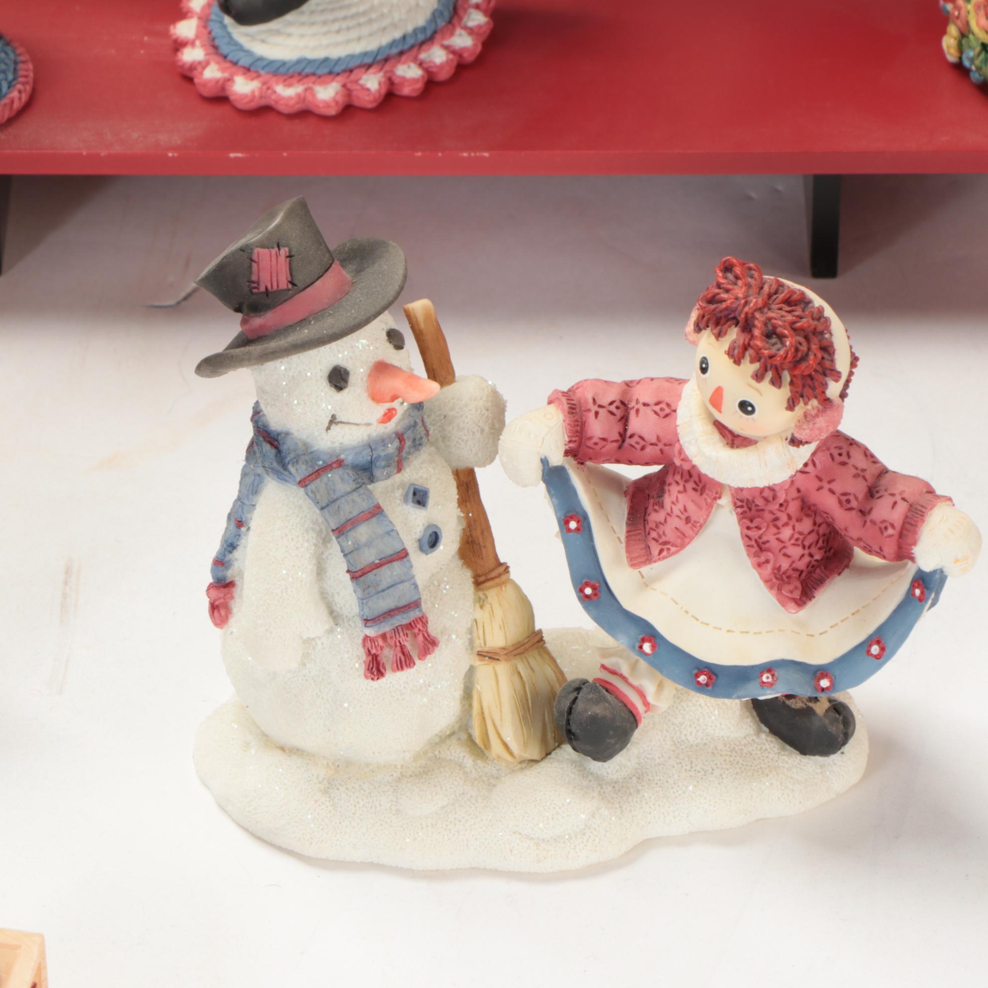 Enesco and Other Raggedy Ann & Andy Figurines with Display Shelves