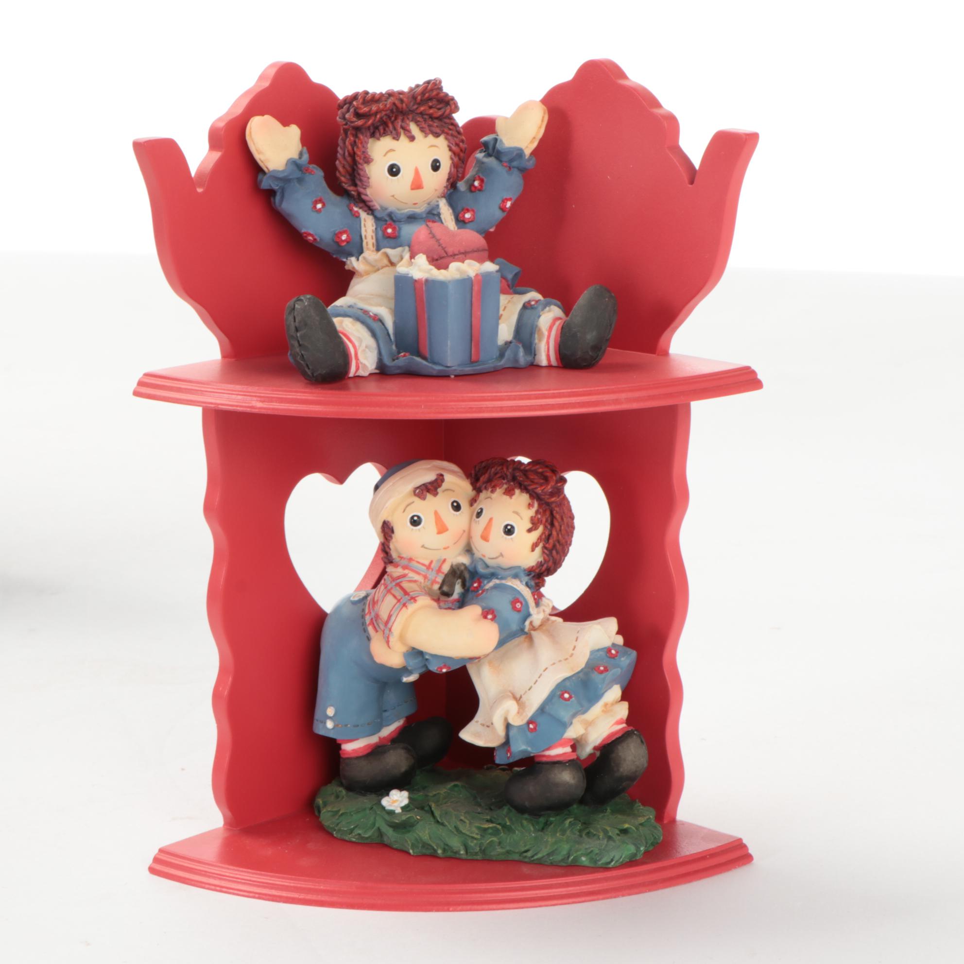 Enesco and Other Raggedy Ann & Andy Figurines with Display Shelves