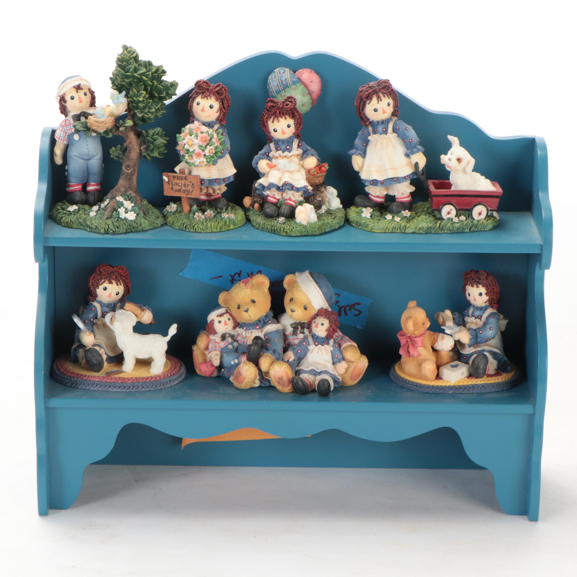 Enesco and Other Raggedy Ann & Andy Figurines with Display Shelves