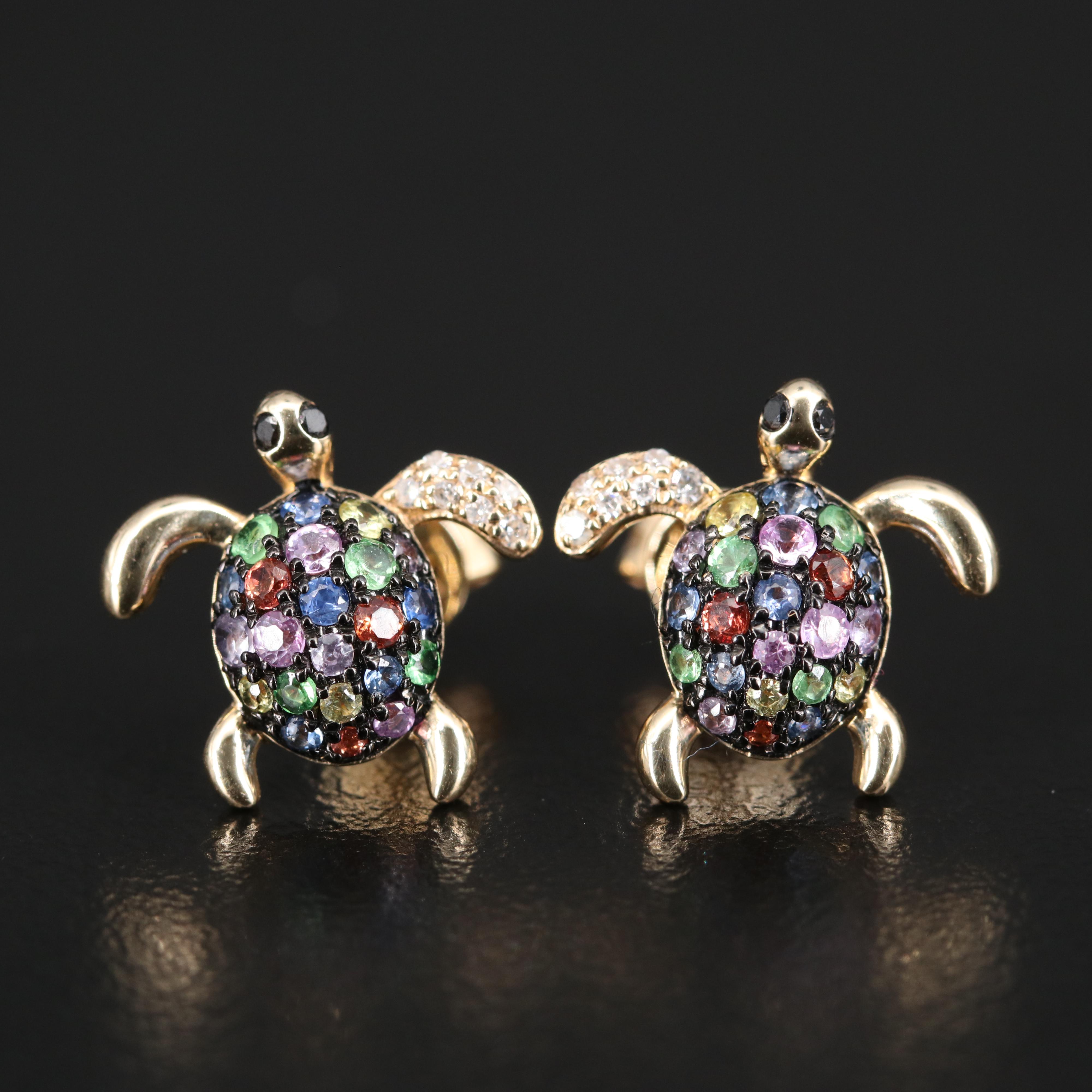 EFFY 14K Multicolor Sapphire, Tsavorite and Diamond Sea Turtle Stud Earrings