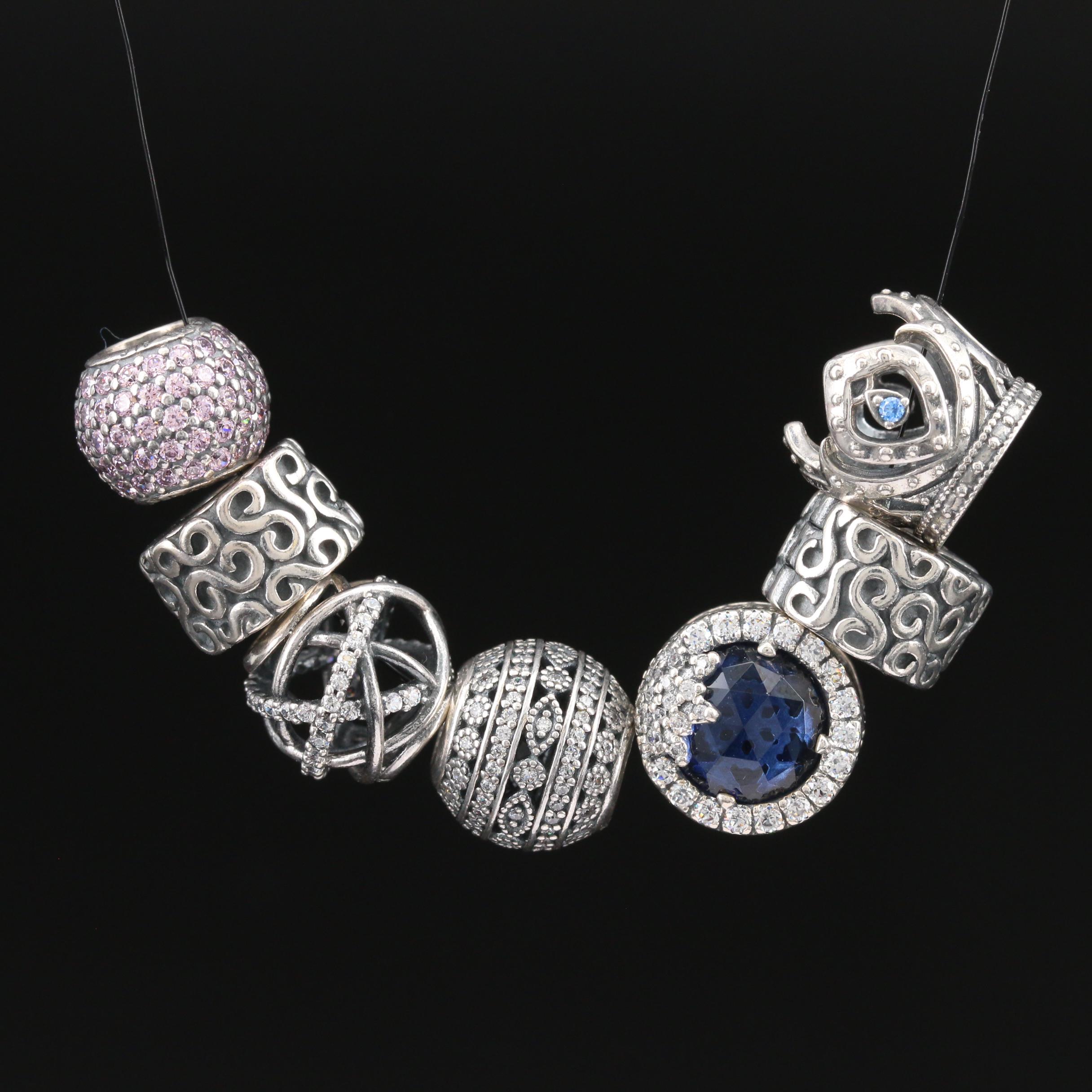 Pandora Sterling Silver Cubic Zirconia and Glass Beads and Clip Charms