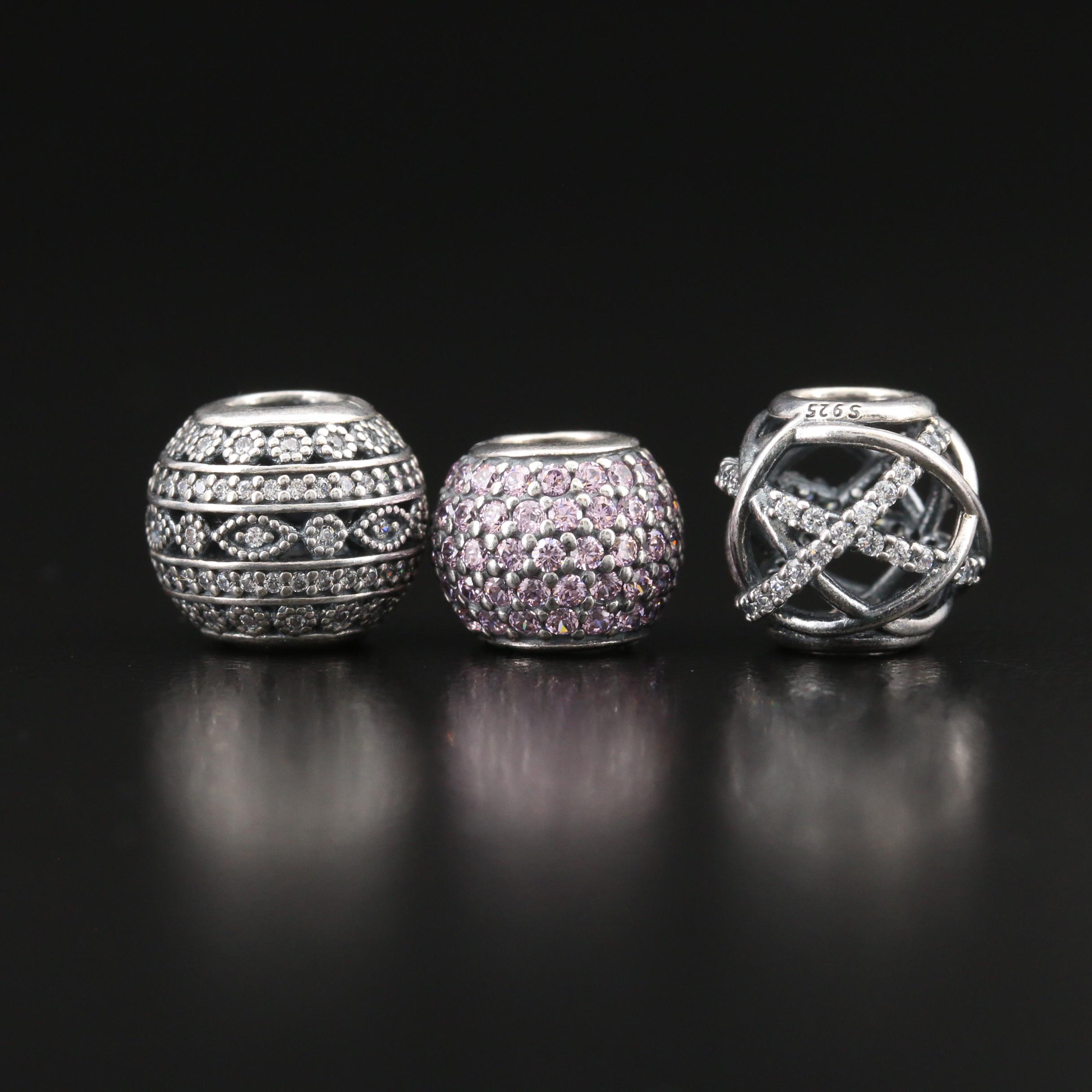 Pandora Sterling Silver Cubic Zirconia and Glass Beads and Clip Charms