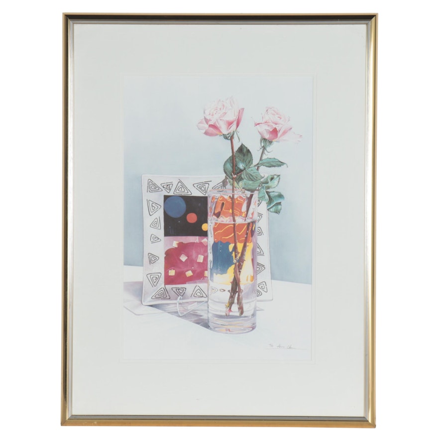 Anne Chen Offset Lithograph Still Life of Flowers, Late 20th Century