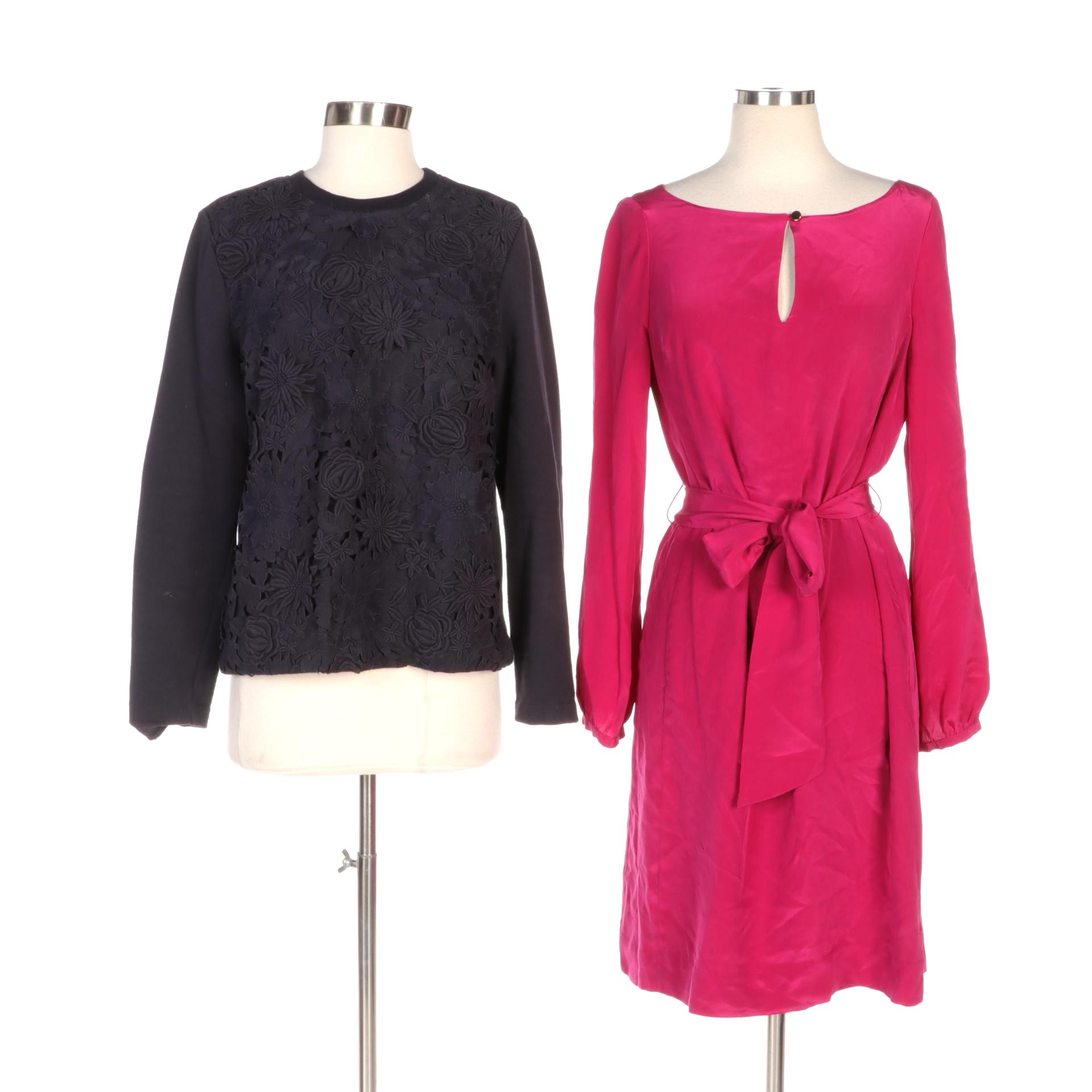 Tory Burch Fuchsia Kathy Dress with Tie Sash and Floral Overlay Knit Top