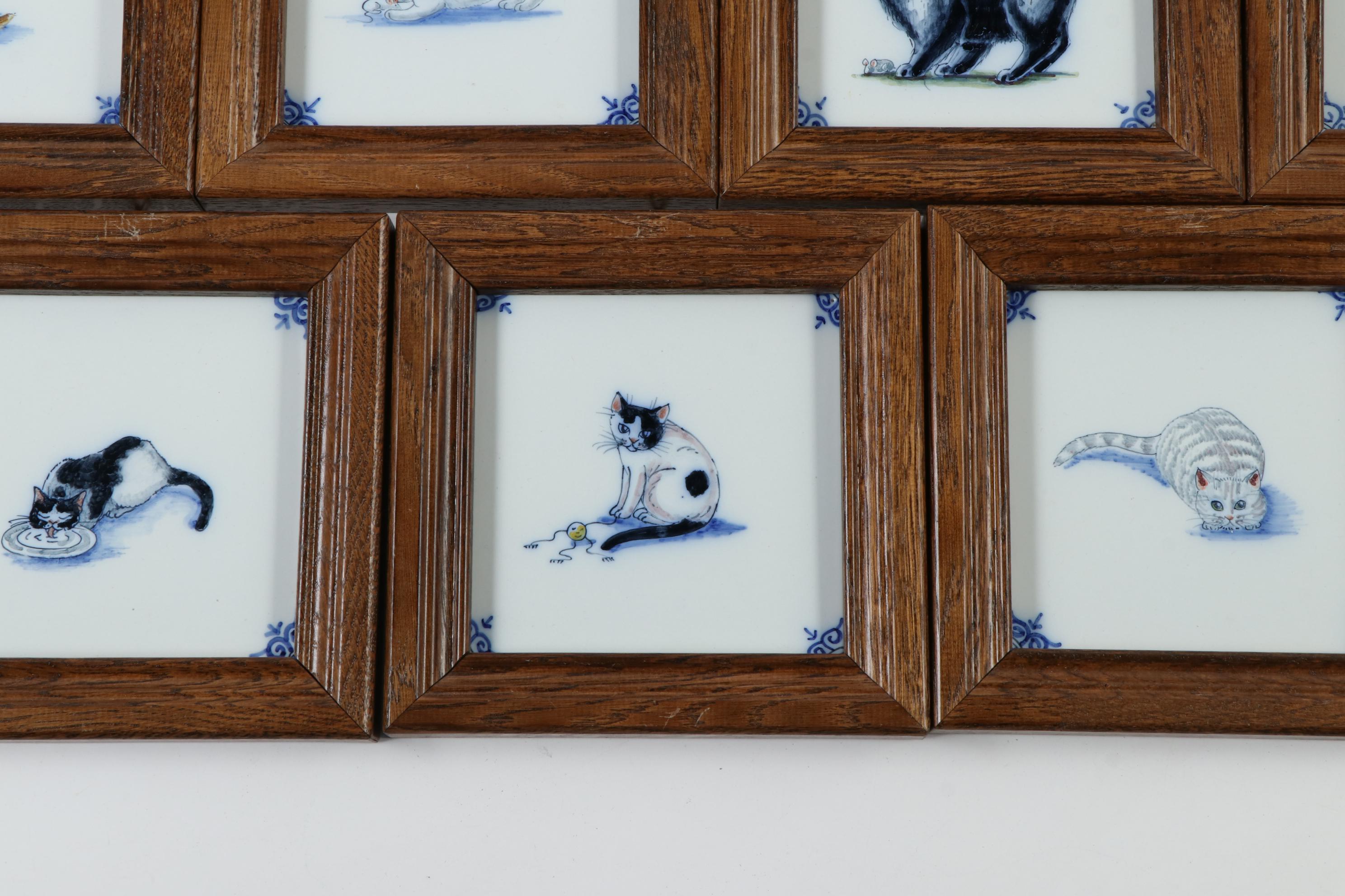Dutch Framed Harlingen Hand-Painted Cat Tiles, Late 20th Century