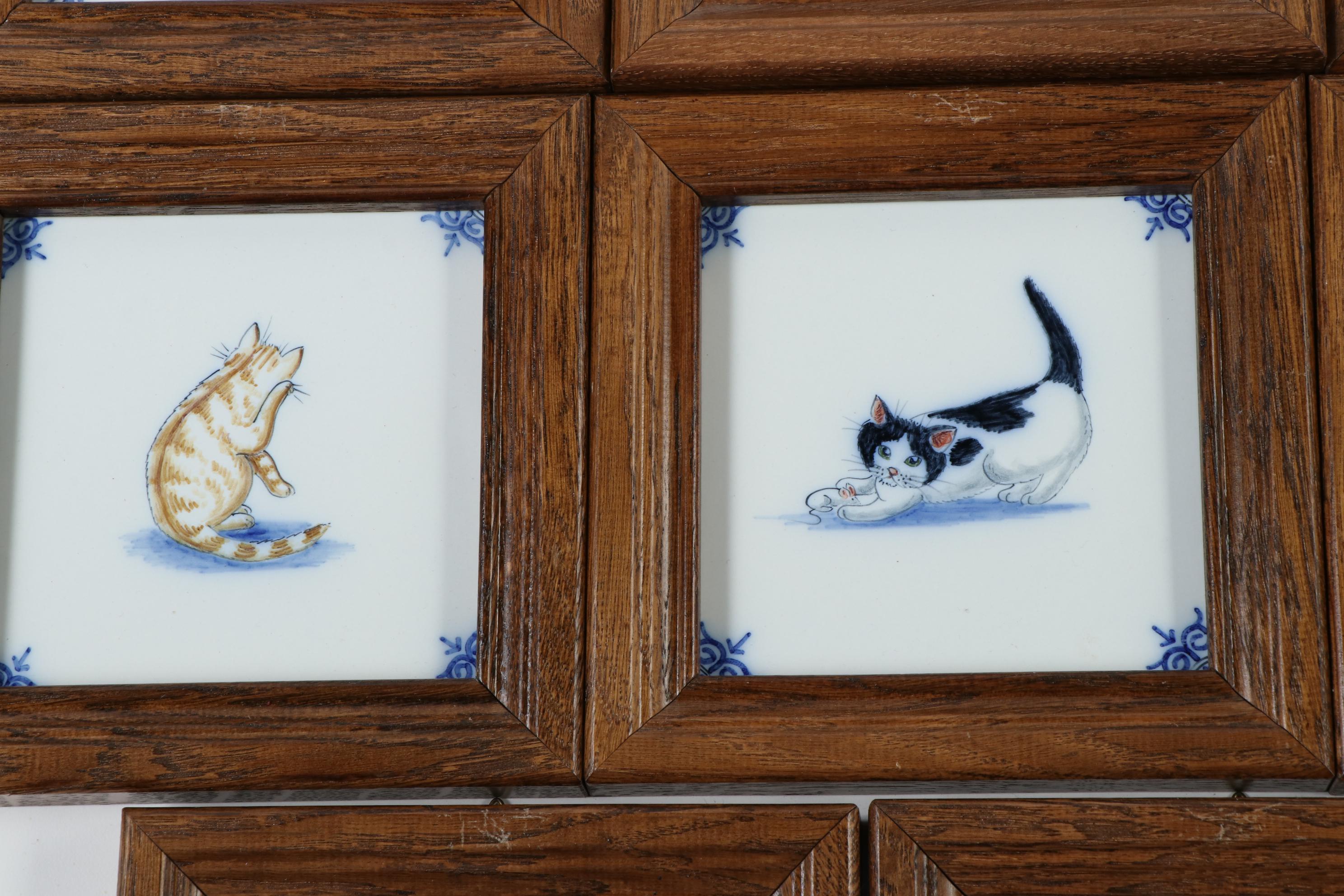 Dutch Framed Harlingen Hand-Painted Cat Tiles, Late 20th Century