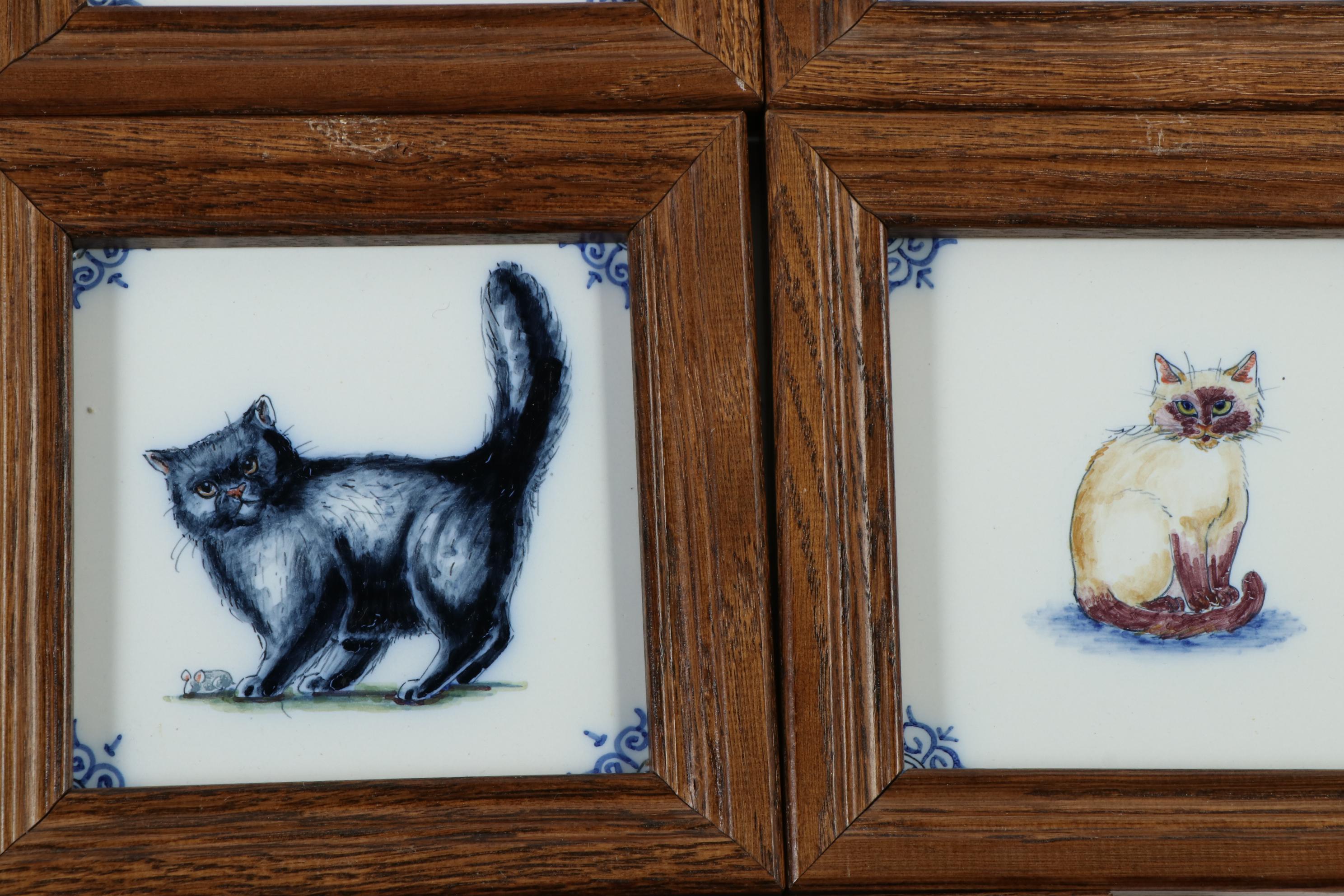 Dutch Framed Harlingen Hand-Painted Cat Tiles, Late 20th Century