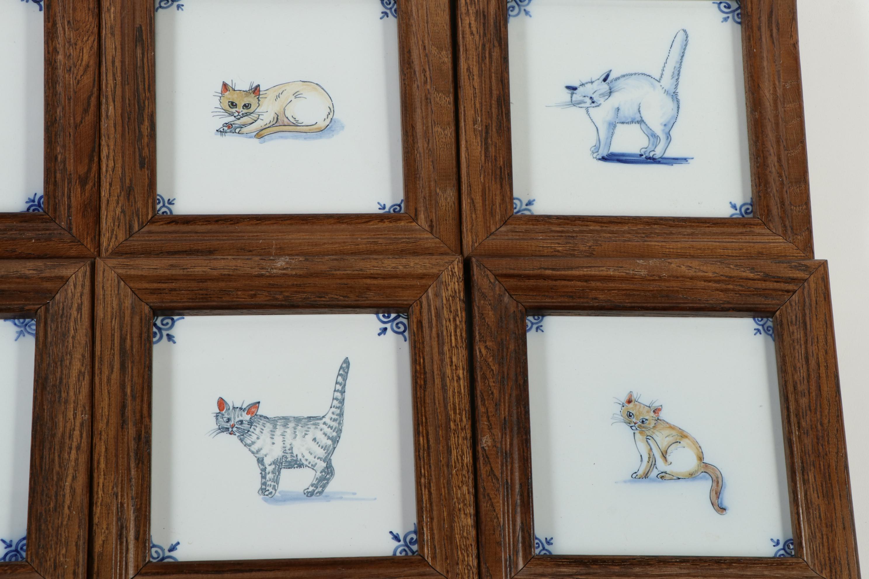 Dutch Framed Harlingen Hand-Painted Cat Tiles, Late 20th Century