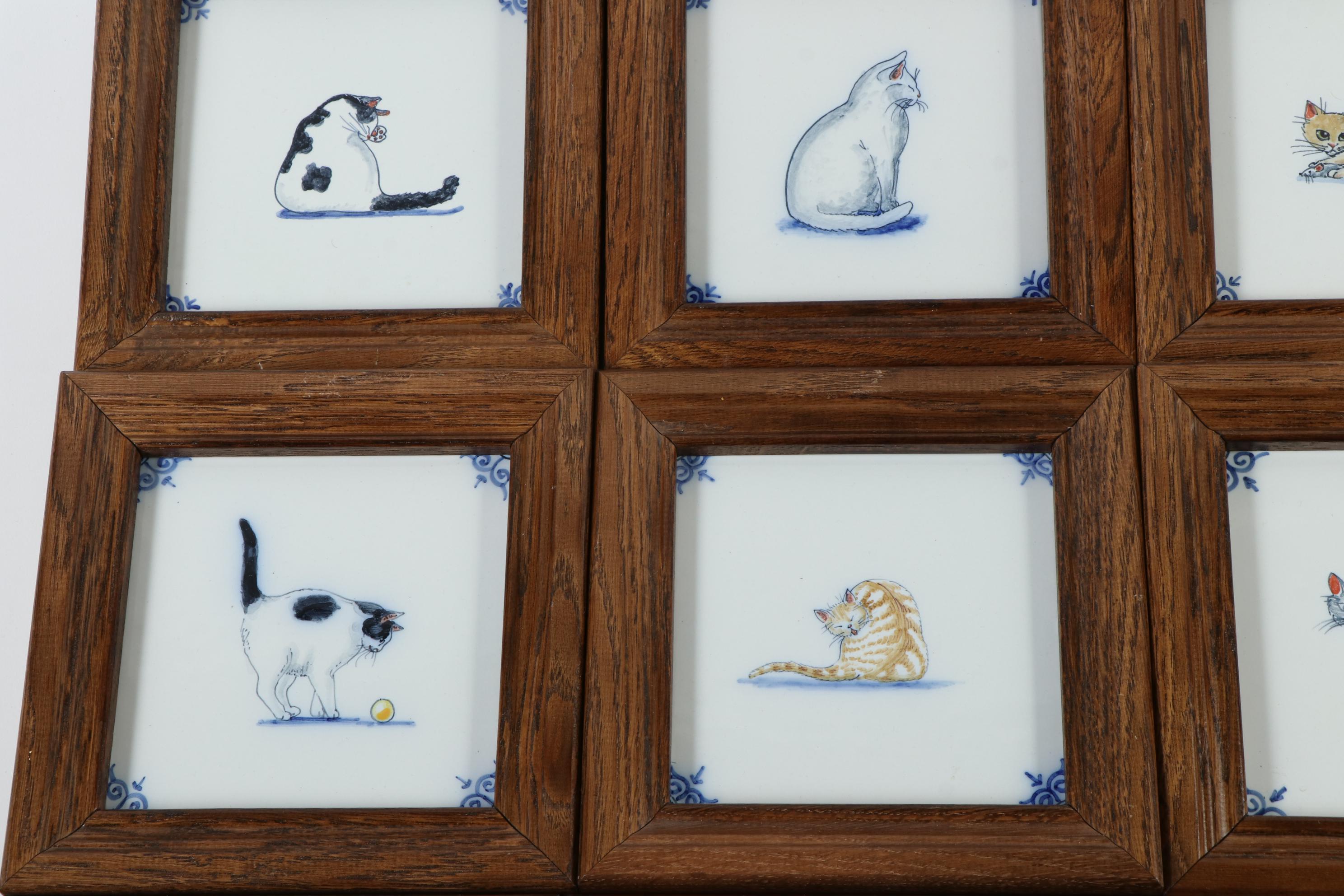Dutch Framed Harlingen Hand-Painted Cat Tiles, Late 20th Century
