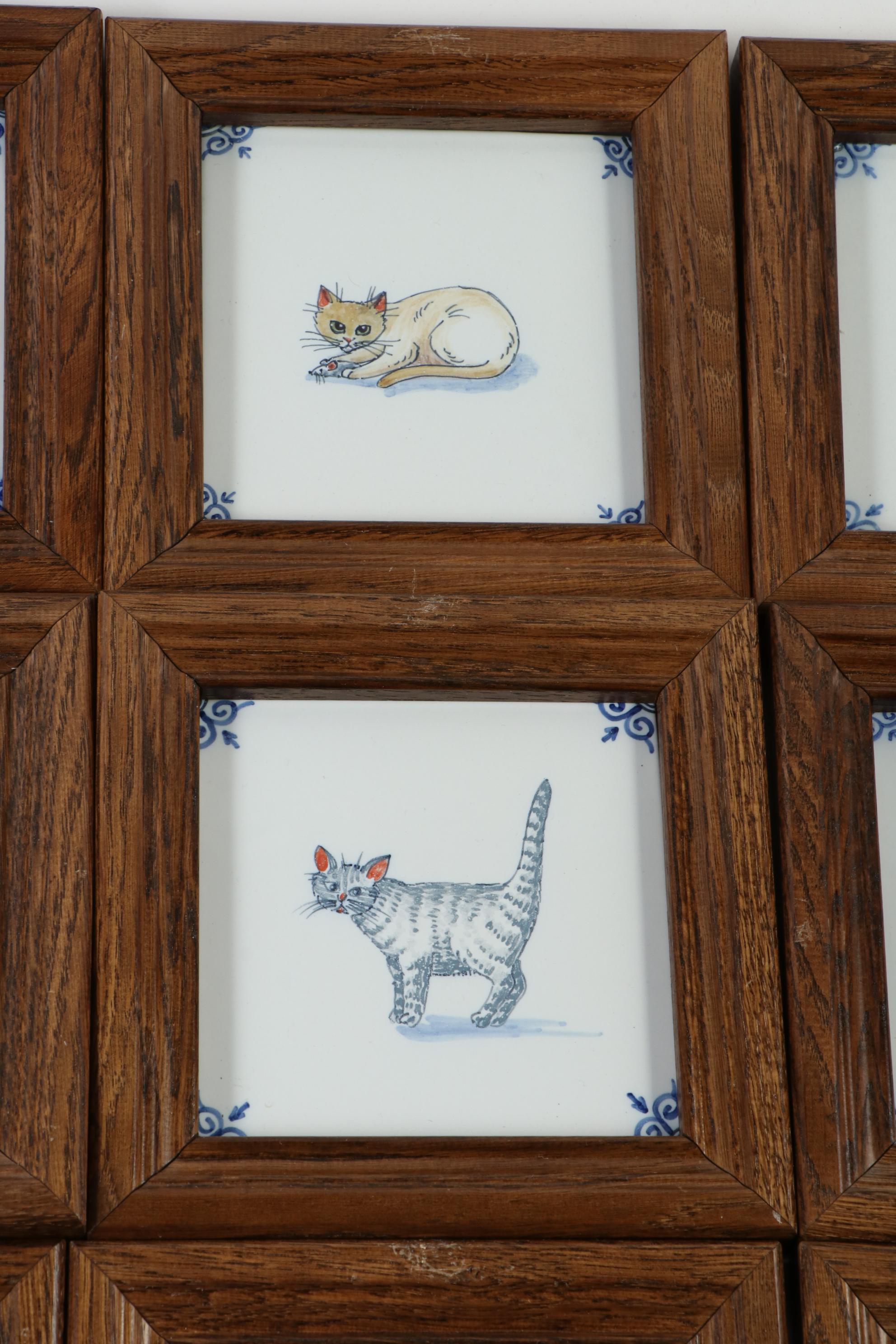 Dutch Framed Harlingen Hand-Painted Cat Tiles, Late 20th Century