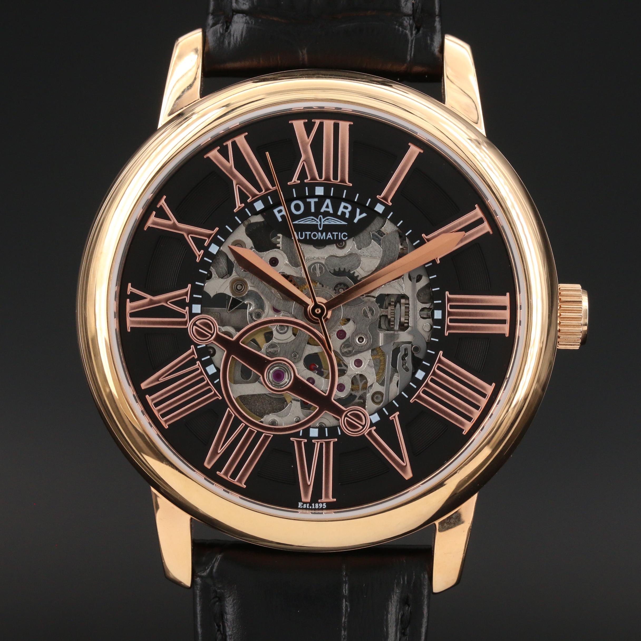 Rotary Skeleton Dial Rose Gold Tone Automatic Watch