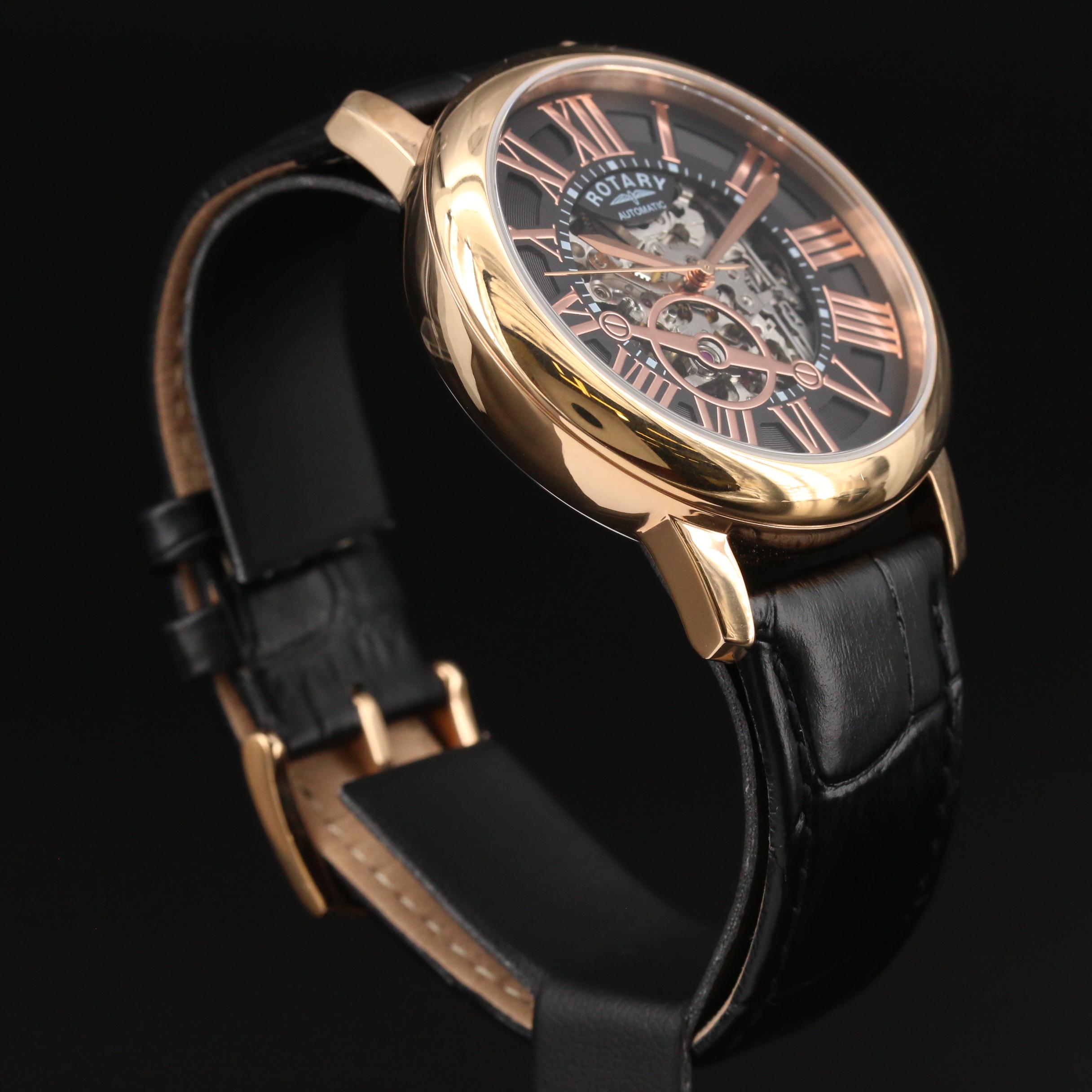 Rotary Skeleton Dial Rose Gold Tone Automatic Watch