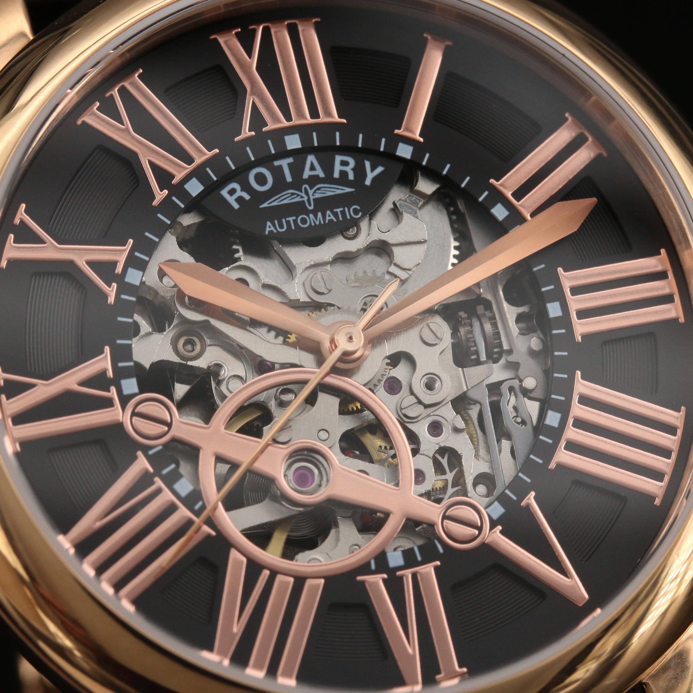 Rotary Skeleton Dial Rose Gold Tone Automatic Watch