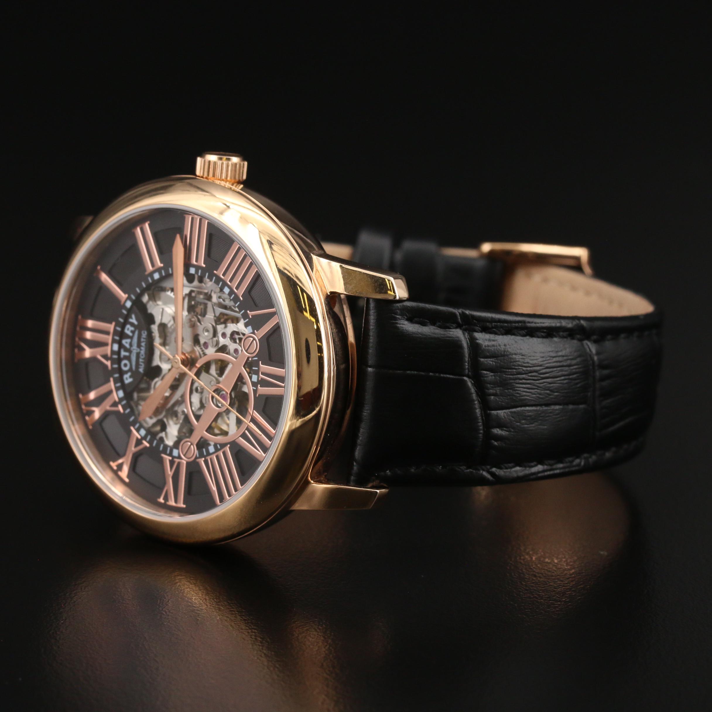 Rotary Skeleton Dial Rose Gold Tone Automatic Watch