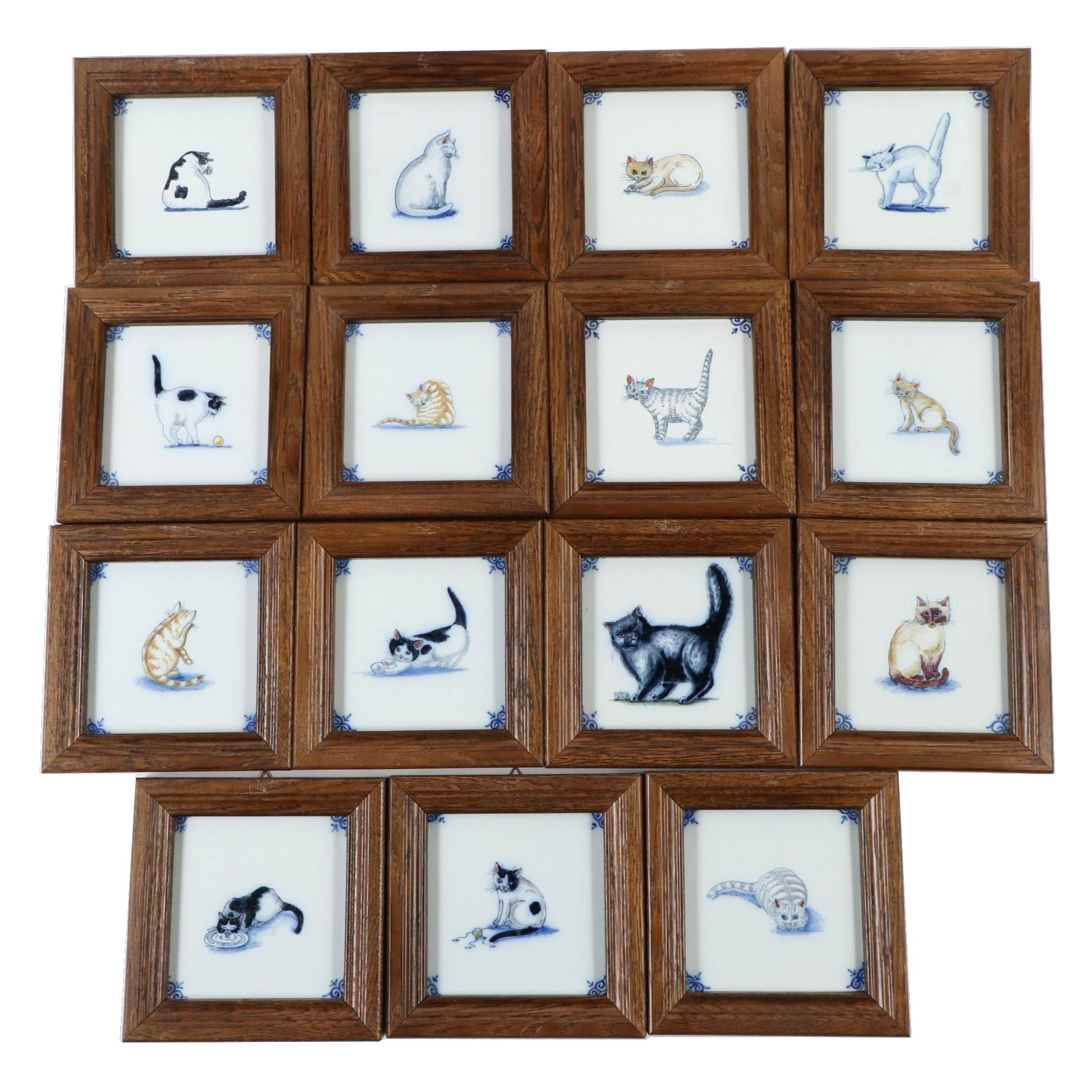 Dutch Framed Harlingen Hand-Painted Cat Tiles, Late 20th Century