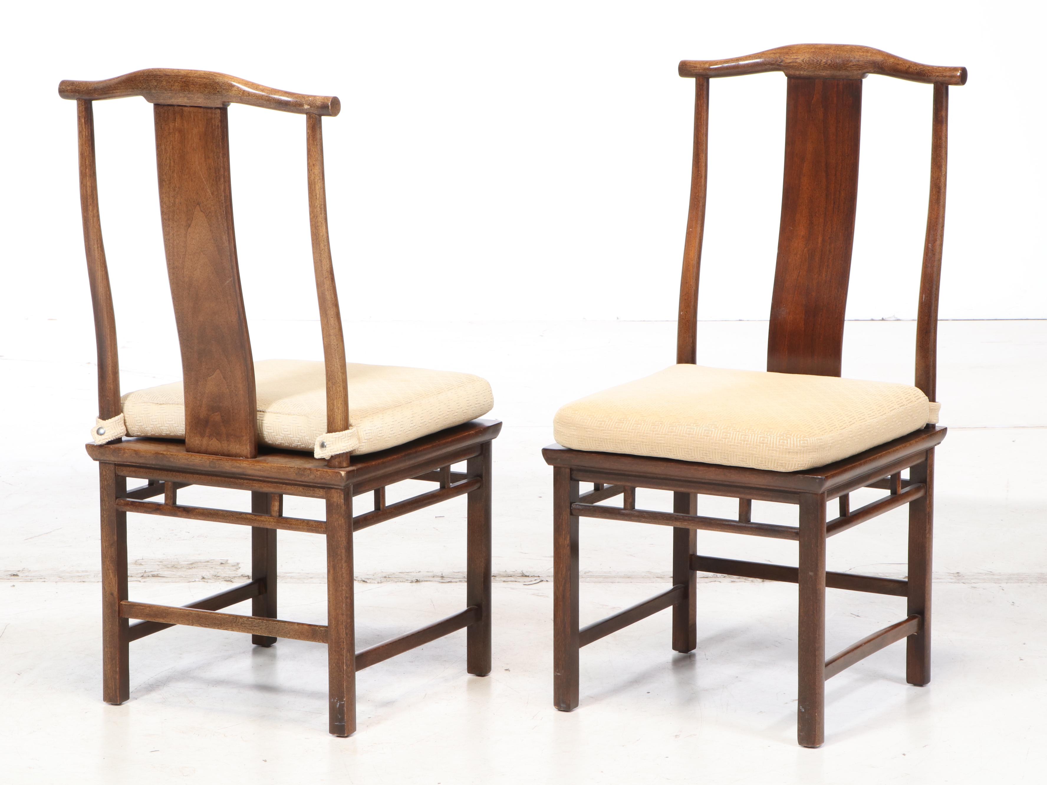 Set of Baker Chinese Inspired Walnut Dining Chairs with Cushions