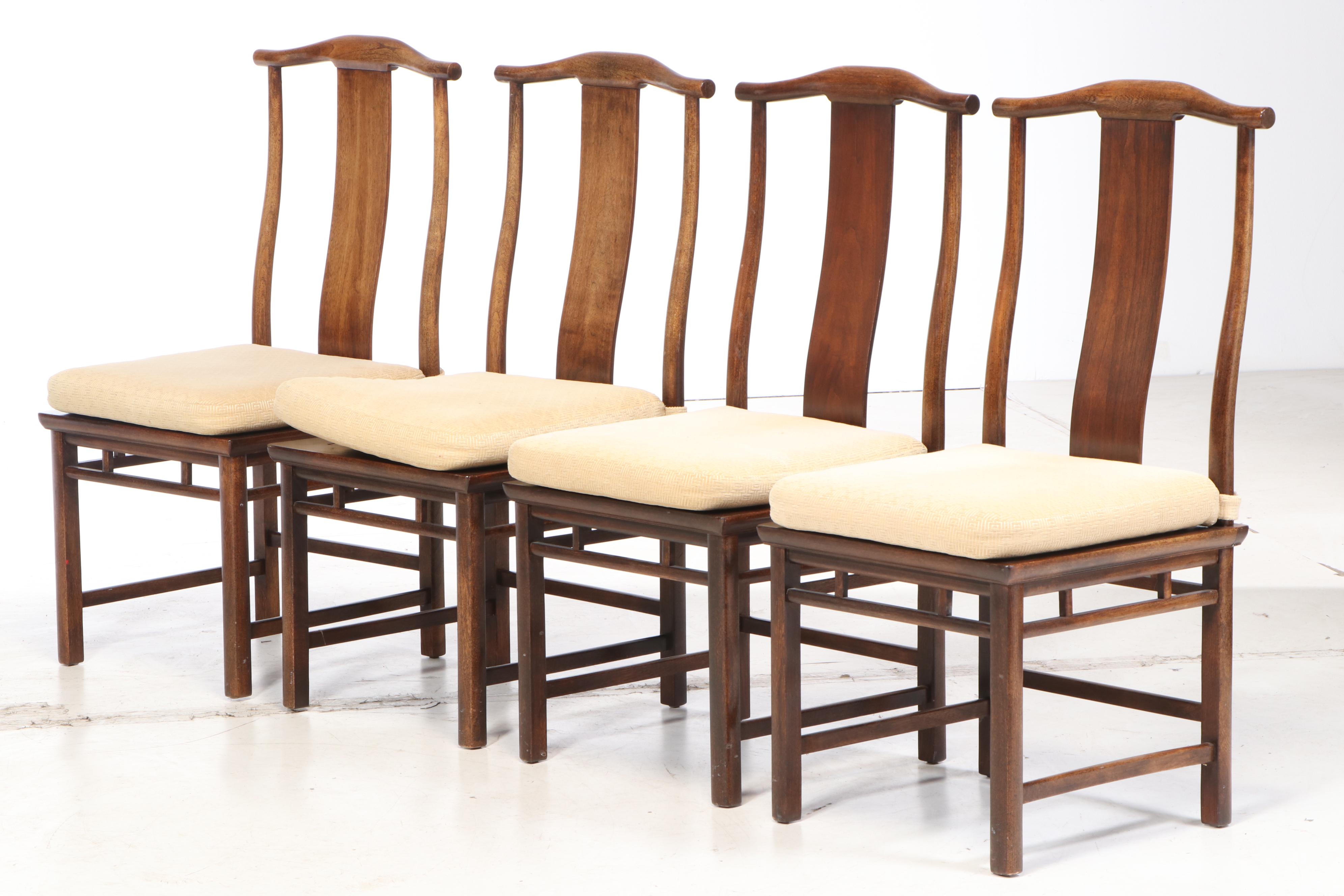Set of Baker Chinese Inspired Walnut Dining Chairs with Cushions