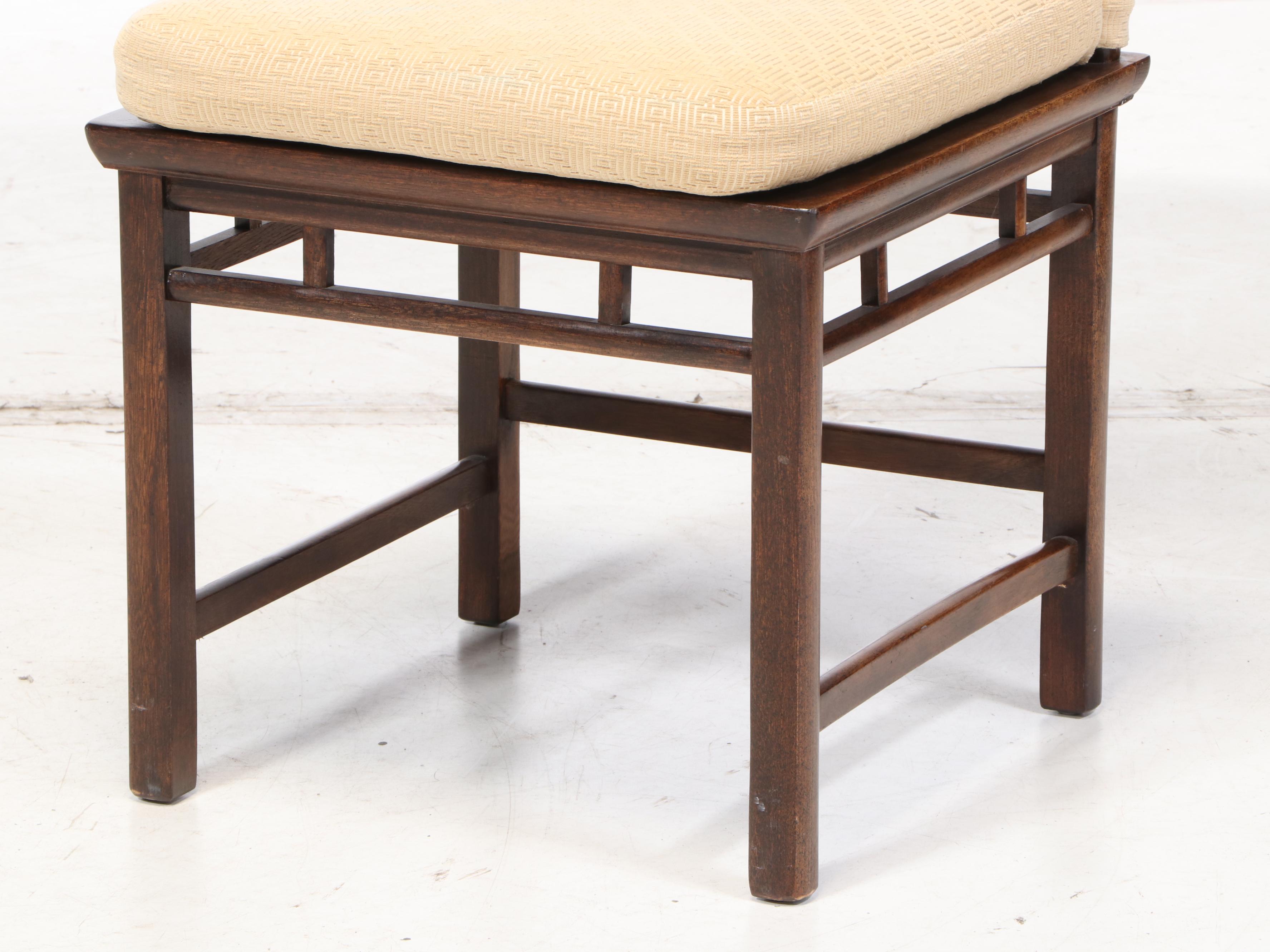 Set of Baker Chinese Inspired Walnut Dining Chairs with Cushions