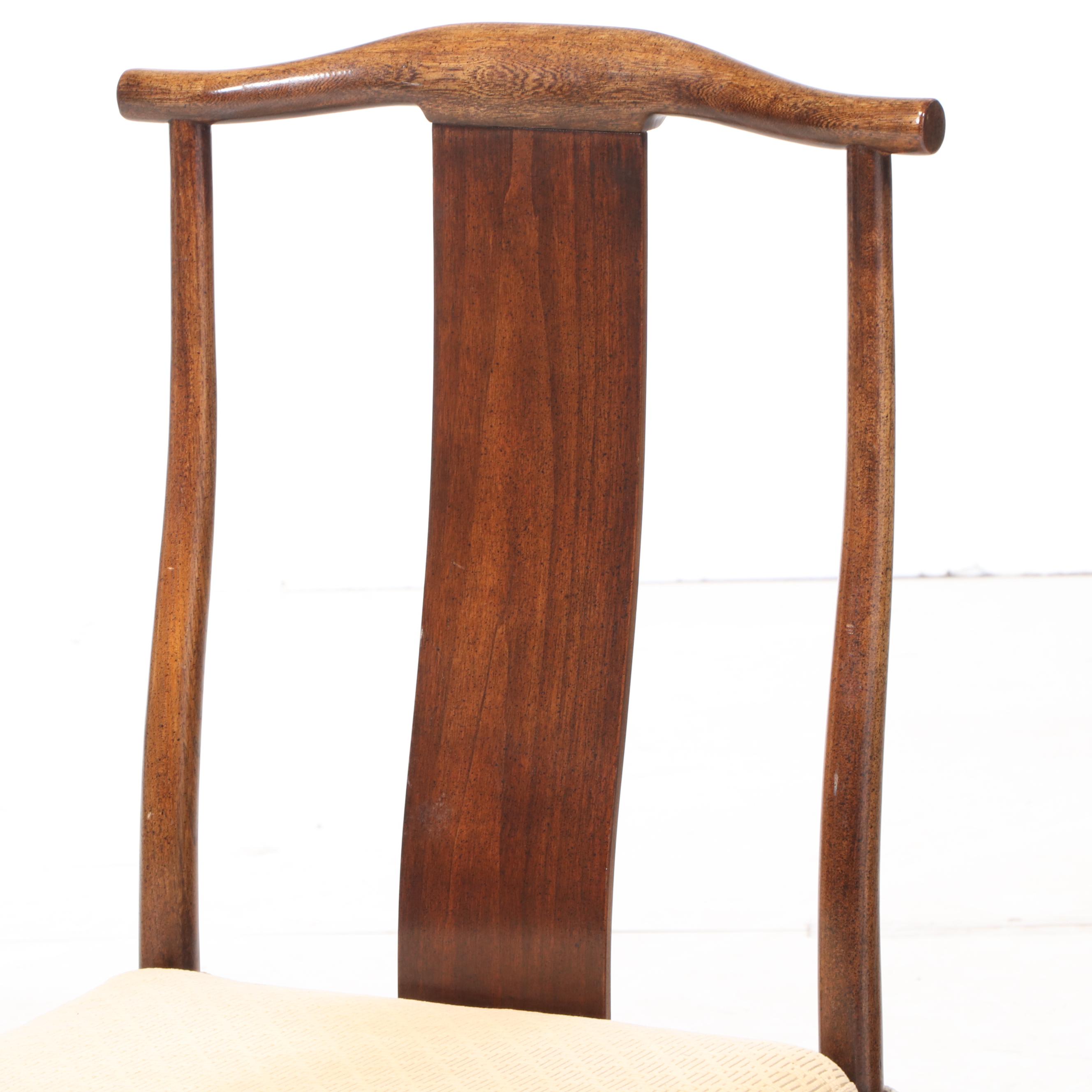 Set of Baker Chinese Inspired Walnut Dining Chairs with Cushions