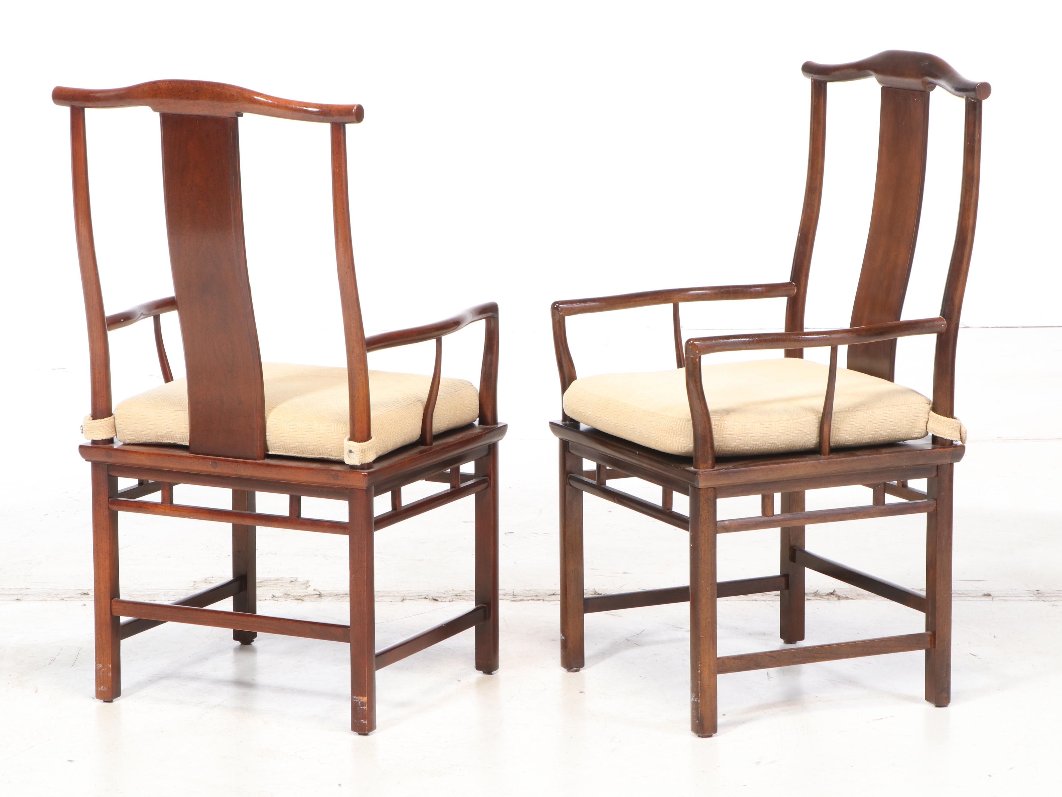 Set of Baker Chinese Inspired Walnut Dining Chairs with Cushions