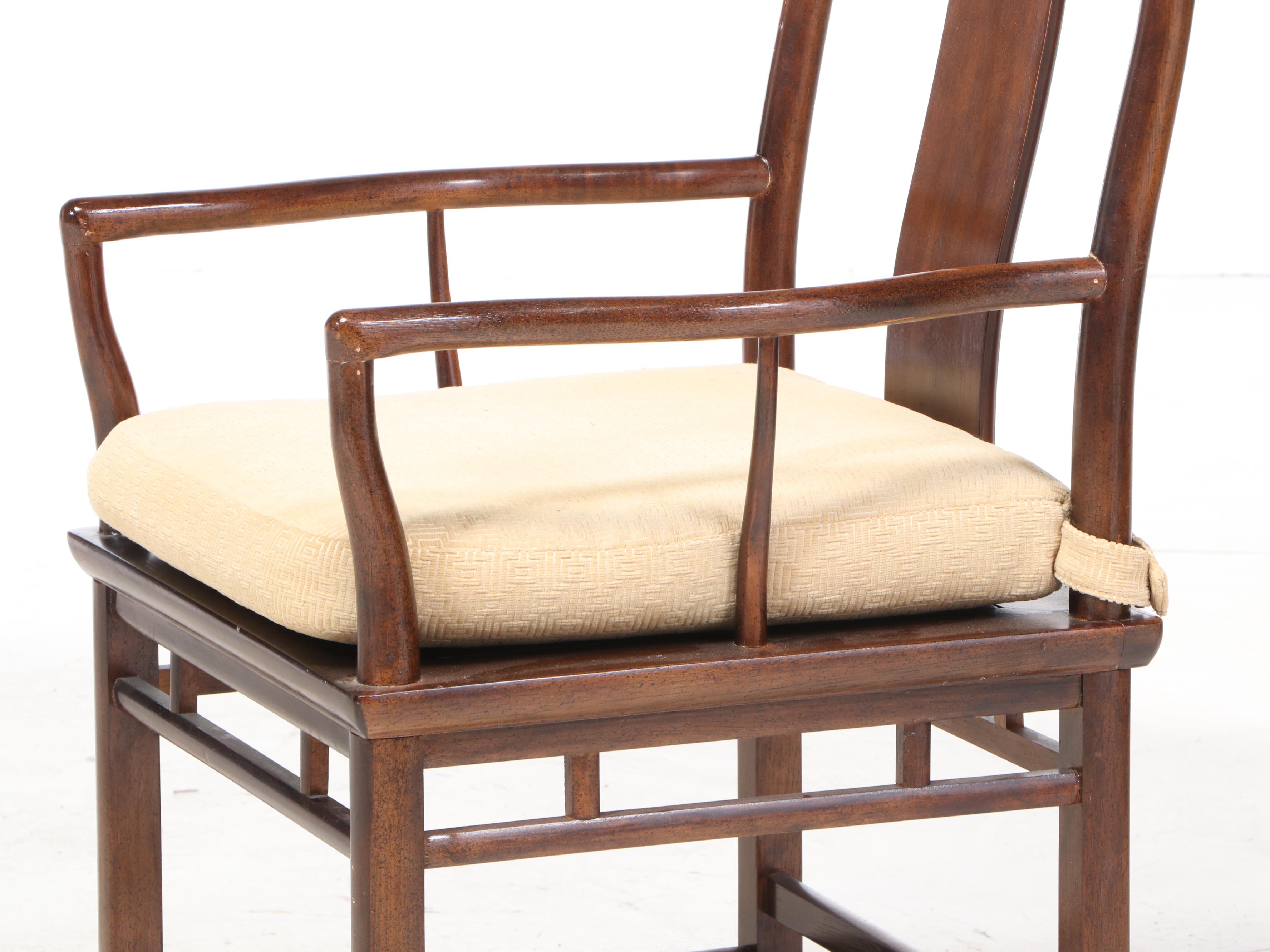 Set of Baker Chinese Inspired Walnut Dining Chairs with Cushions