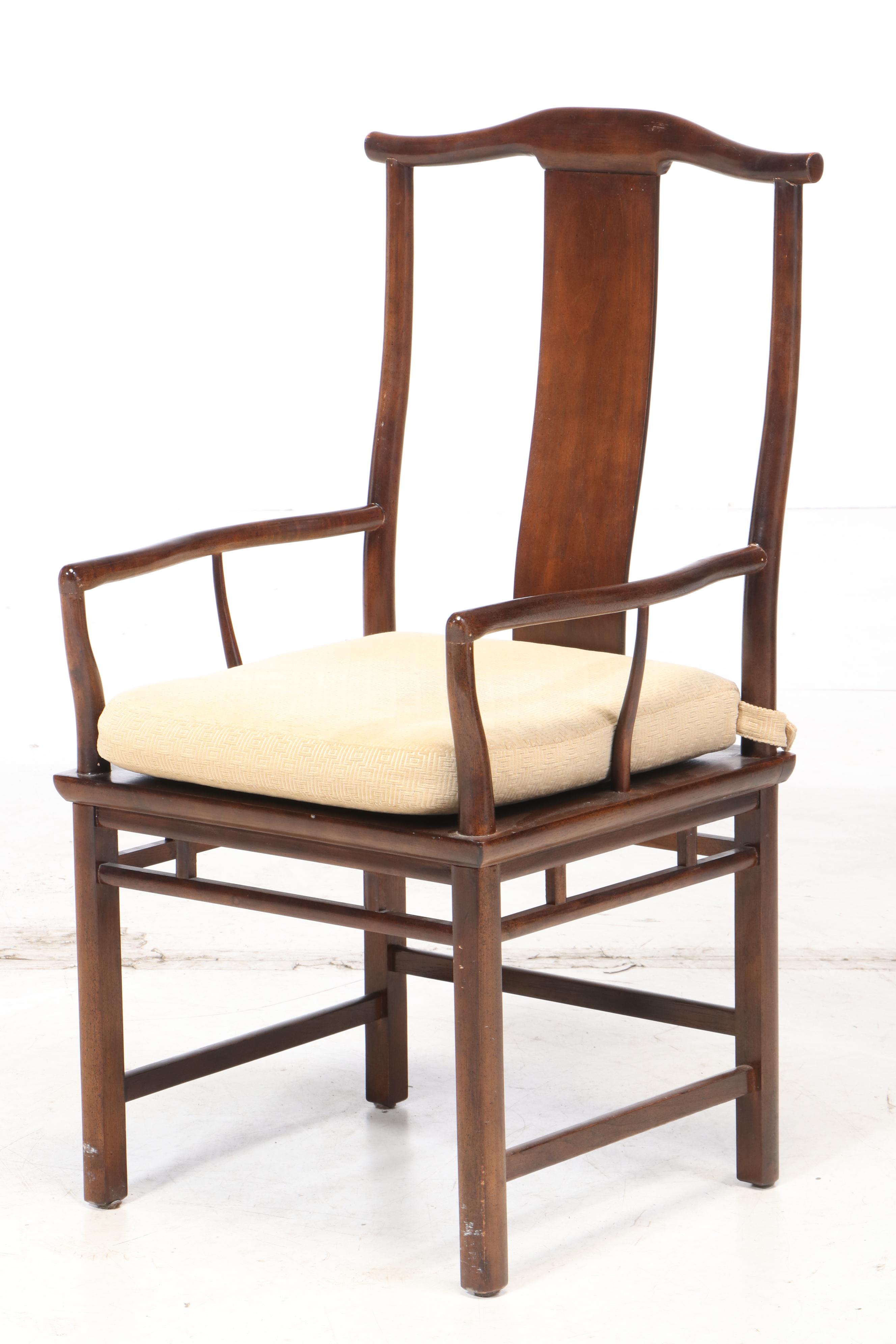 Set of Baker Chinese Inspired Walnut Dining Chairs with Cushions