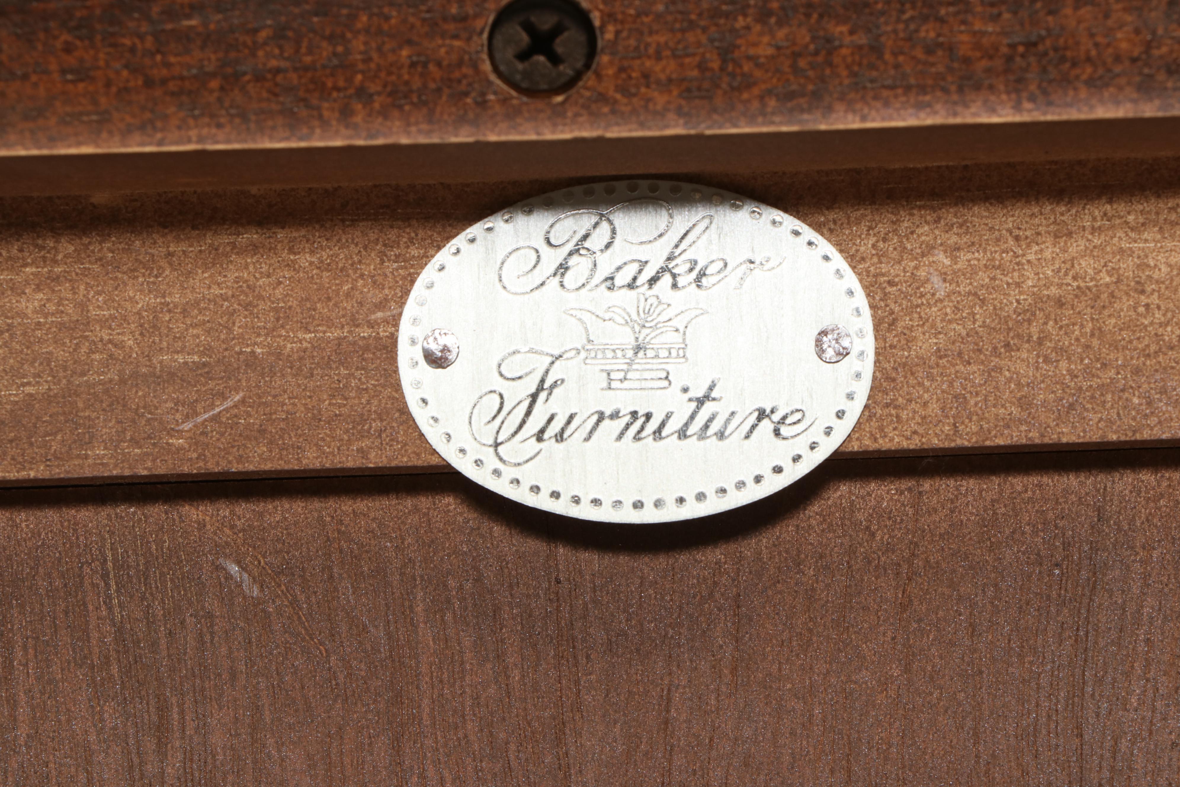 Set of Baker Chinese Inspired Walnut Dining Chairs with Cushions