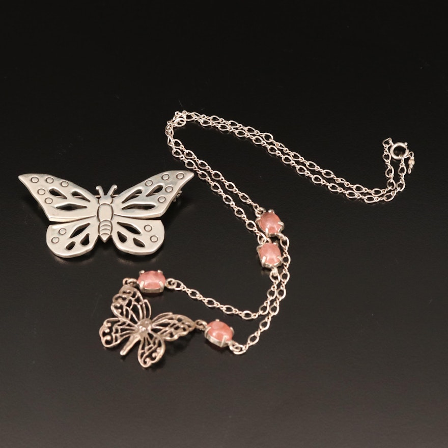 Sterling Butterfly Brooch and Rhodochrosite Fairy Necklace