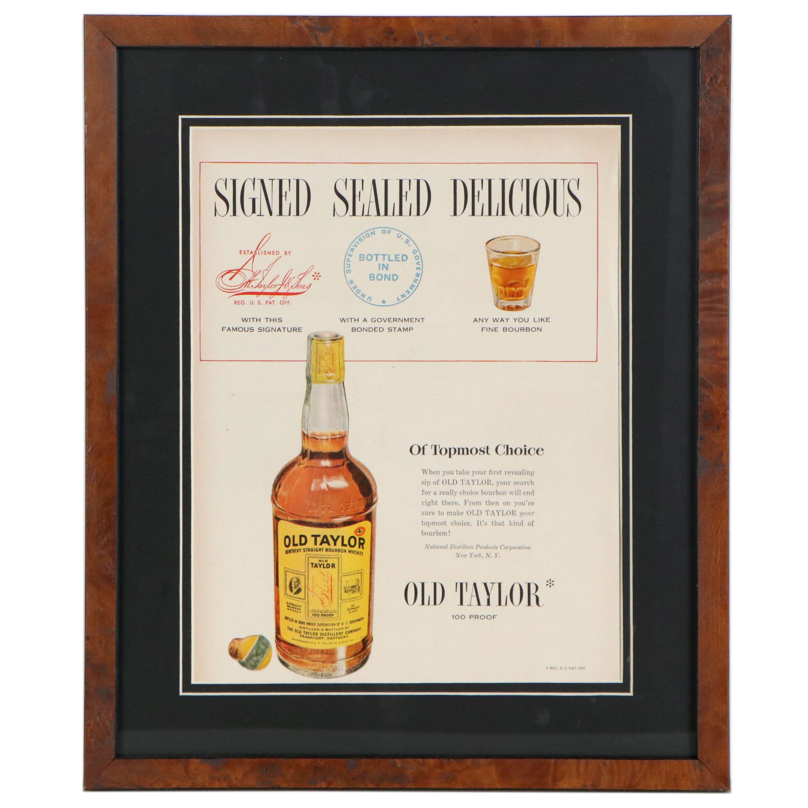 Offset Lithograph Advertisement for Old Taylor Bourbon "Signed Sealed Delicious"