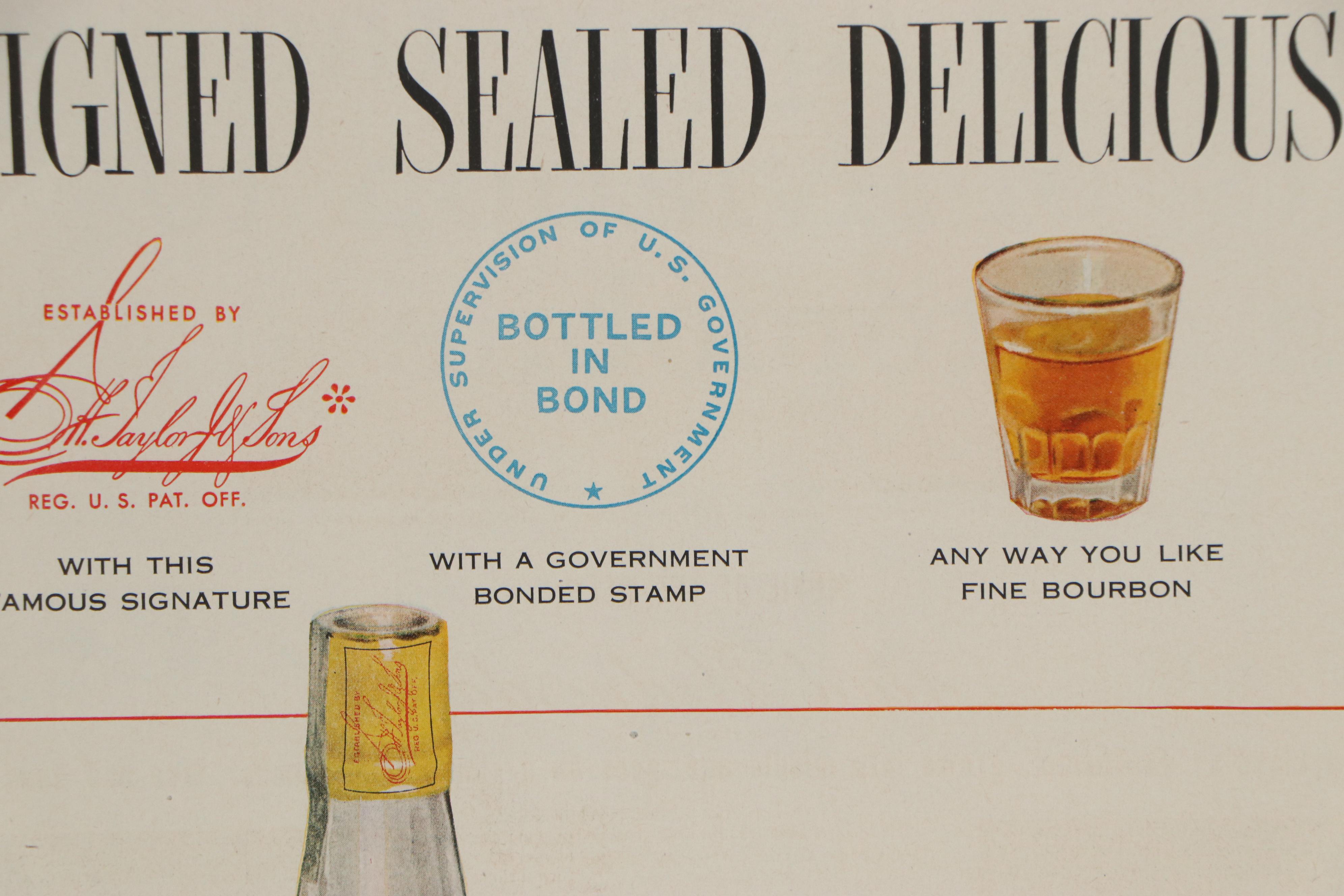 Offset Lithograph Advertisement for Old Taylor Bourbon "Signed Sealed Delicious"