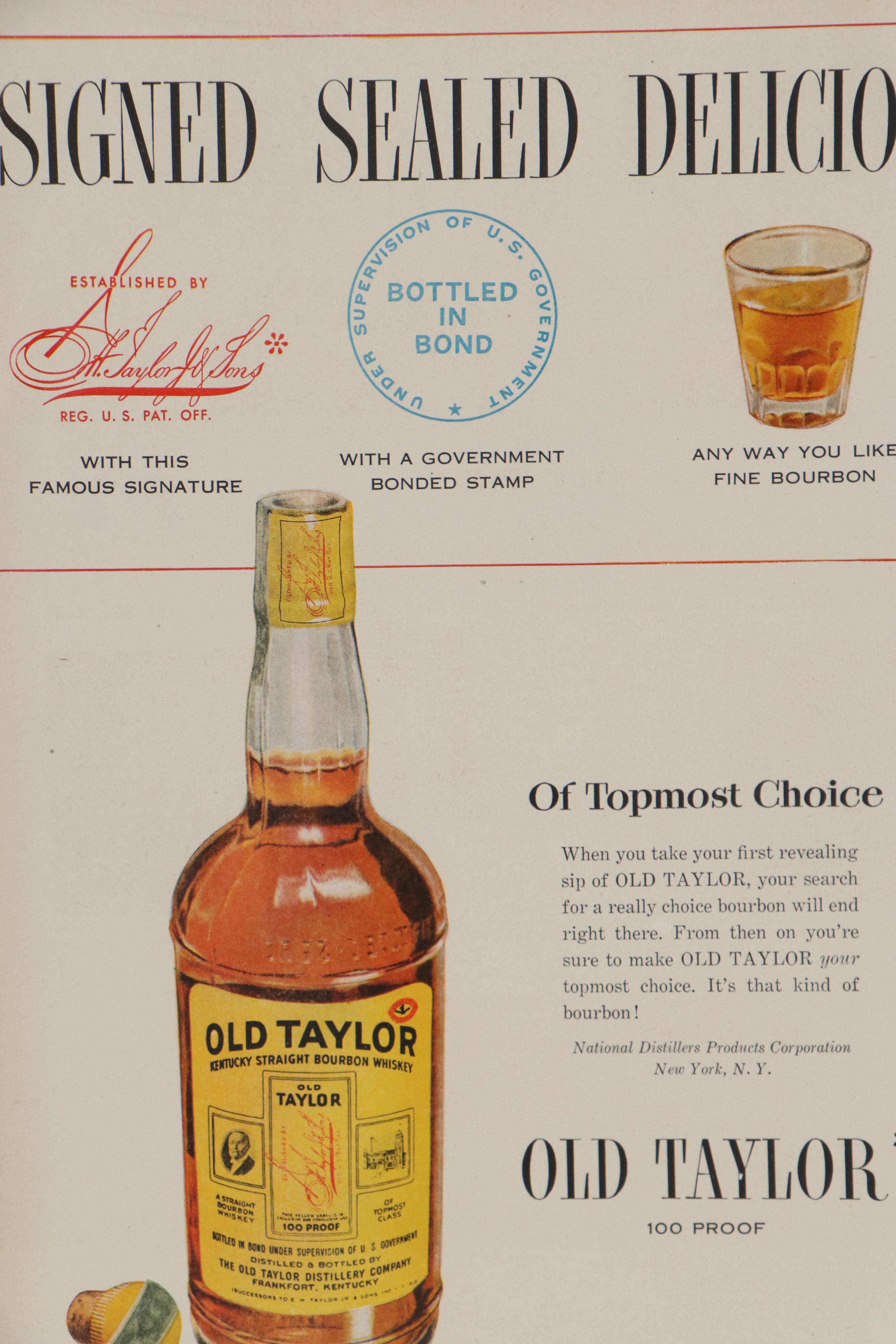 Offset Lithograph Advertisement for Old Taylor Bourbon "Signed Sealed Delicious"
