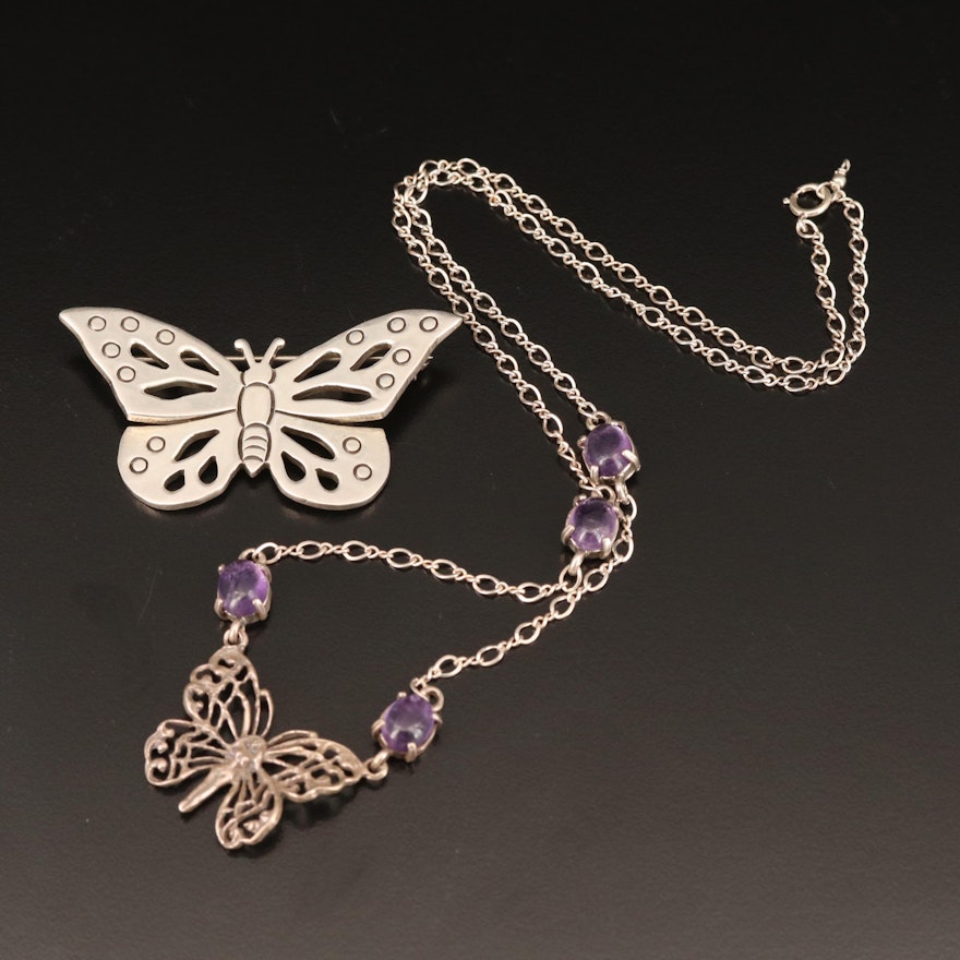 Sterling Butterfly Brooch and Amethyst Fairy Necklace