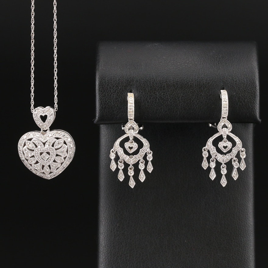 14K Diamond Openwork Heart Locket Pendant Necklace and Chandelier Earrings