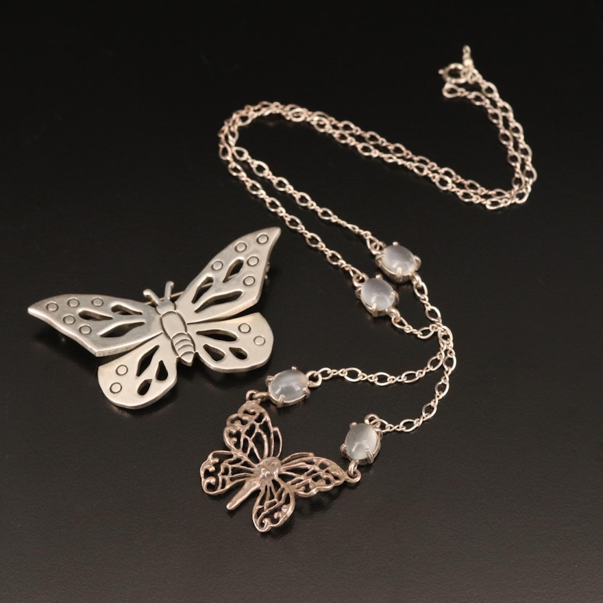 Sterling Butterfly Brooch and Moonstone Necklace