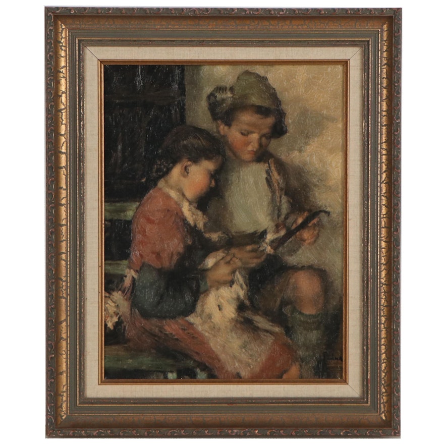 Embellished Offset Lithograph after Paul Mathias Padua "Brother and Sister"
