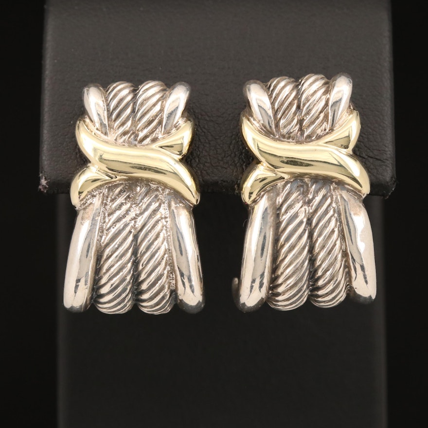 David Yurman "Classic Wheat" Sterling J-Hoop Earrings with 14K Accents