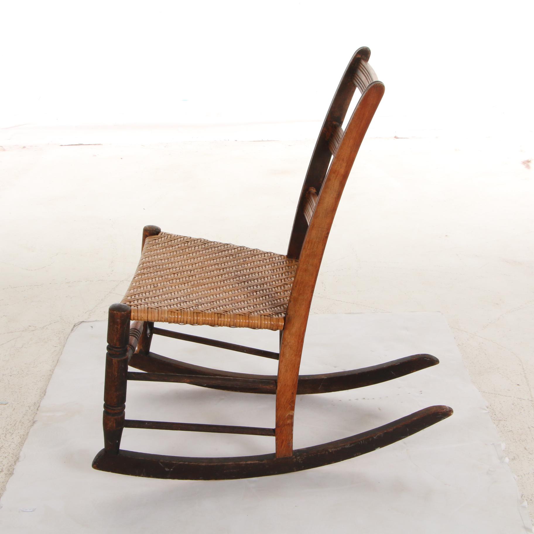 Victorian Wooden Rocking Chair with Woven Cane Seat, Early to Mid 20th Century