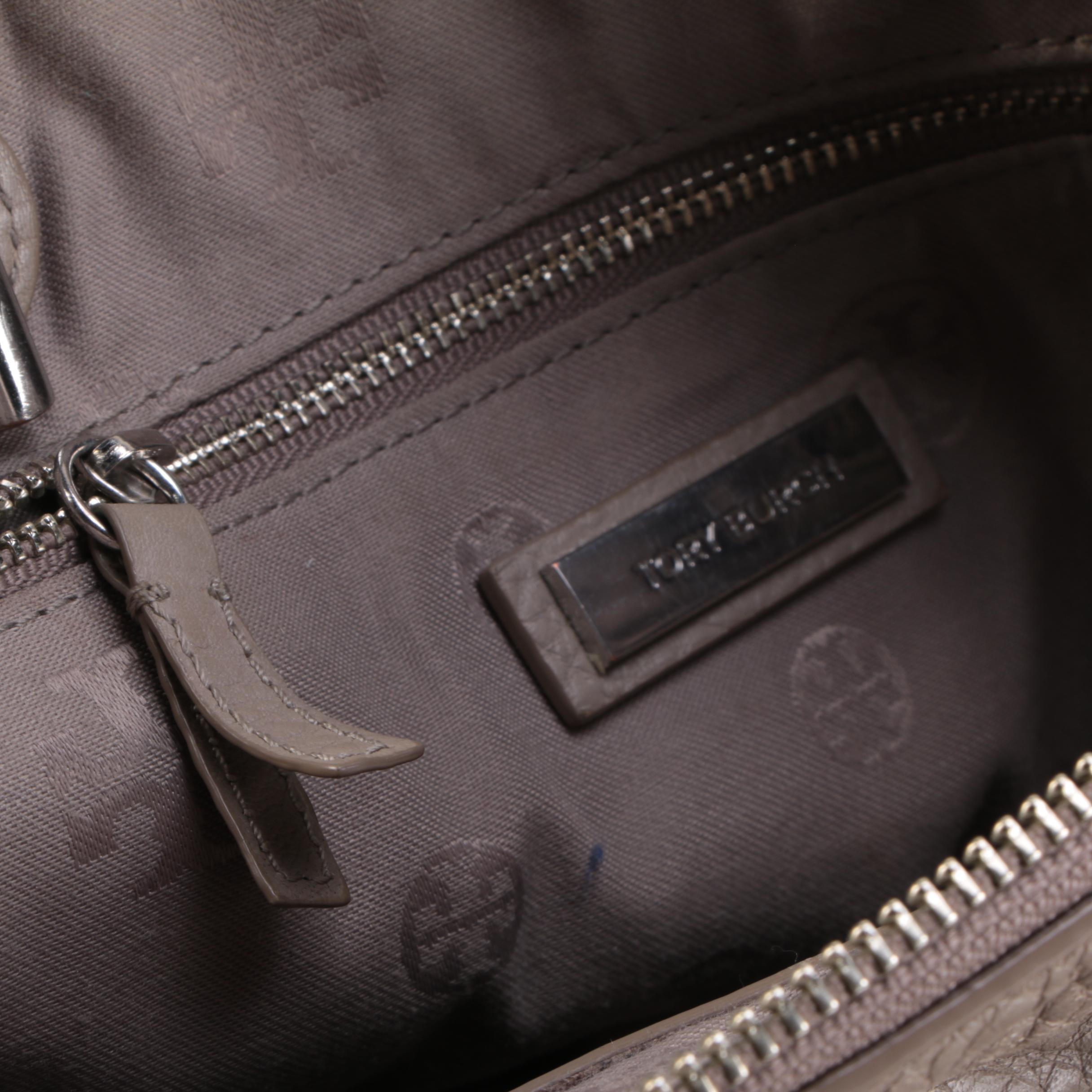 Tory Burch Taupe Grained Leather Two-Way Tote Bag