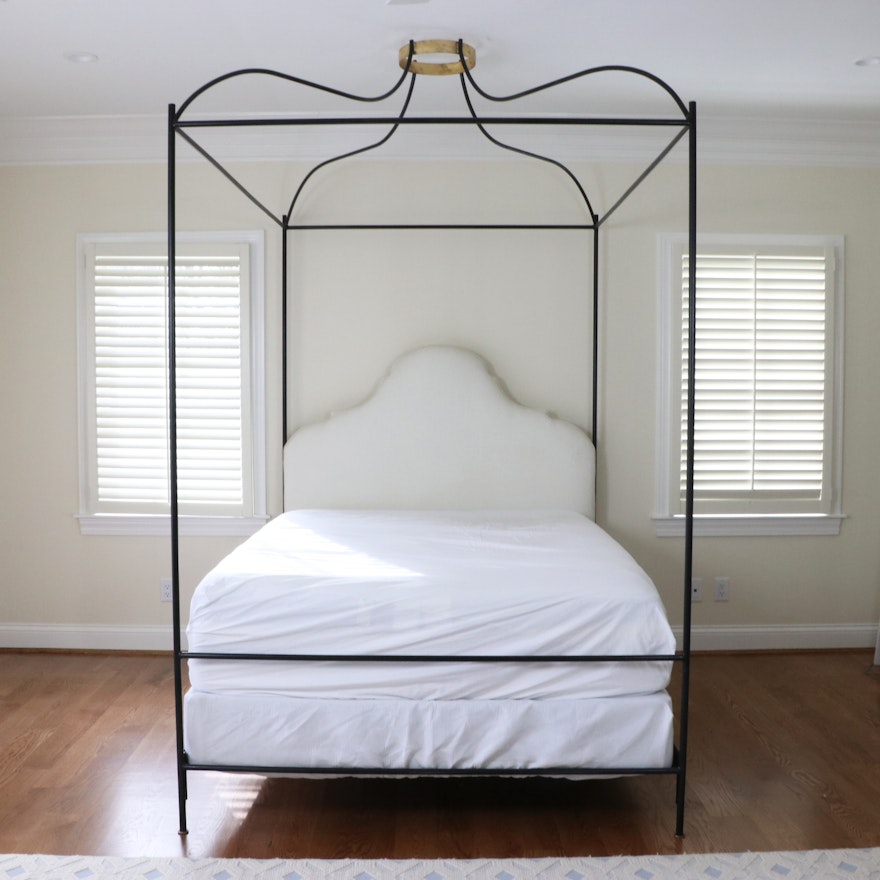 Contemporary Wrought Iron Full Size Canopy Bed with Upholstered Headboard