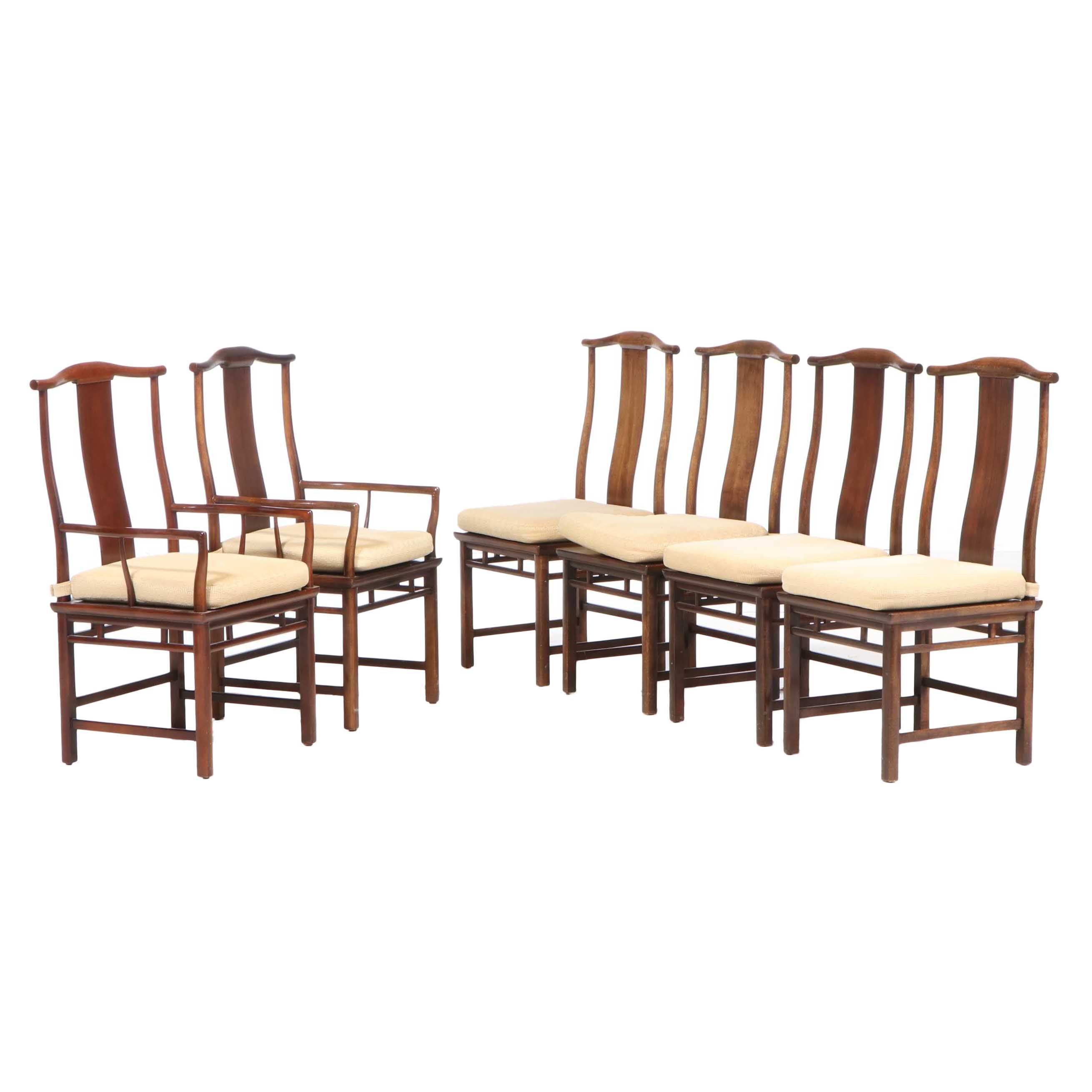 Set of Baker Chinese Inspired Walnut Dining Chairs with Cushions