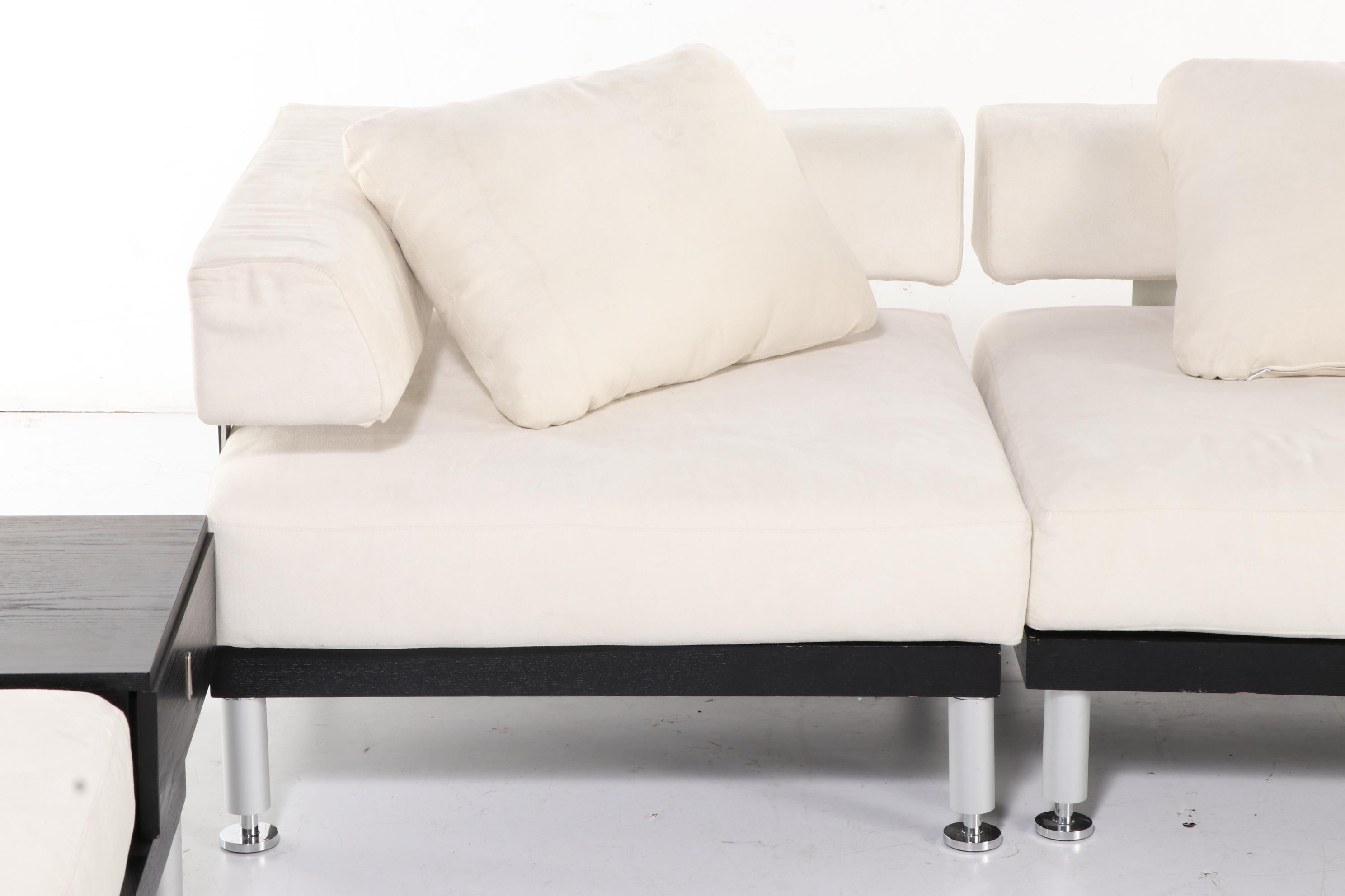 Ebonized Wood, Chrome and Micro-Suede Three-Piece Modular Sofa with Chair