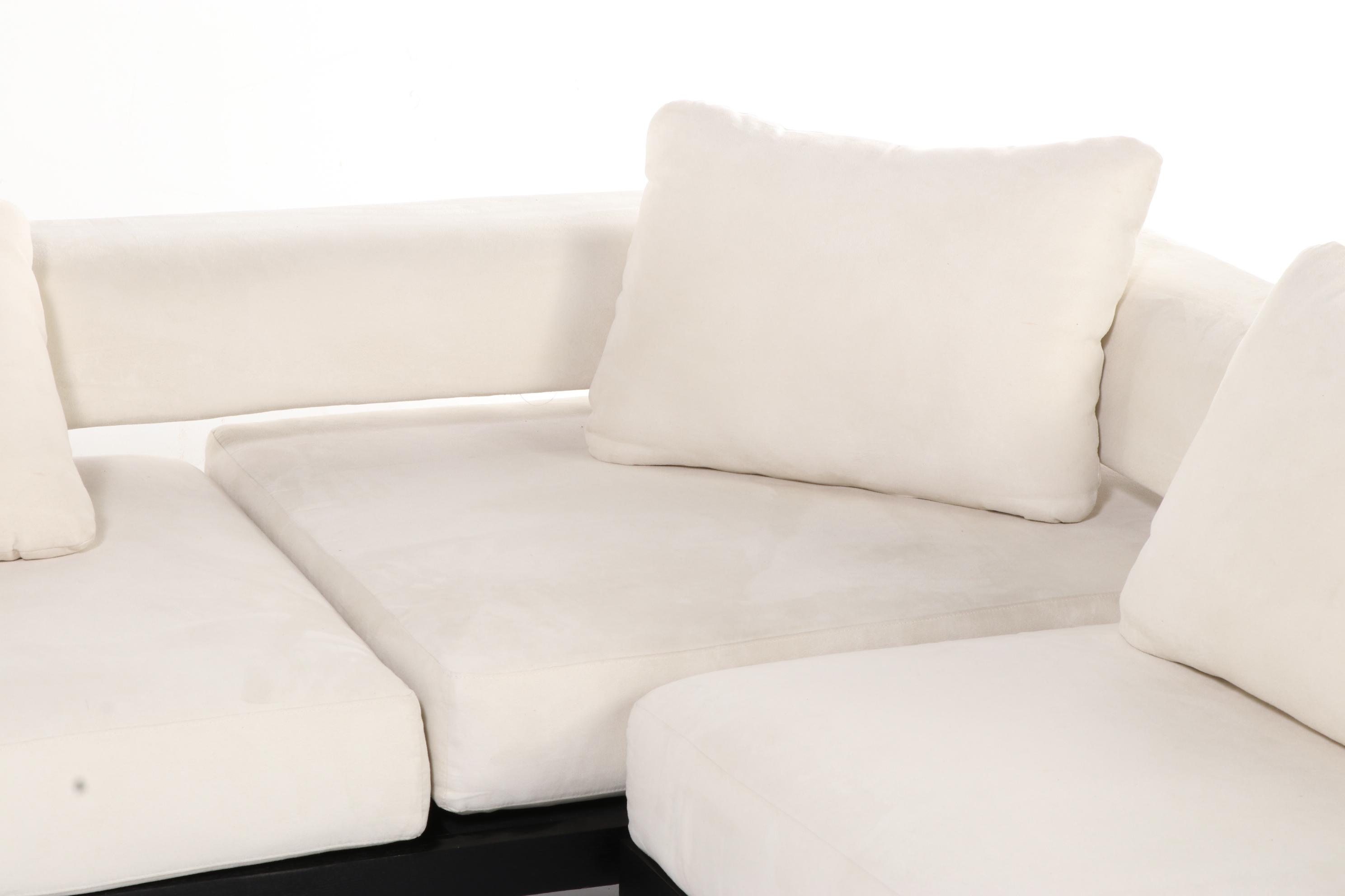 Ebonized Wood, Chrome and Micro-Suede Three-Piece Modular Sofa with Chair