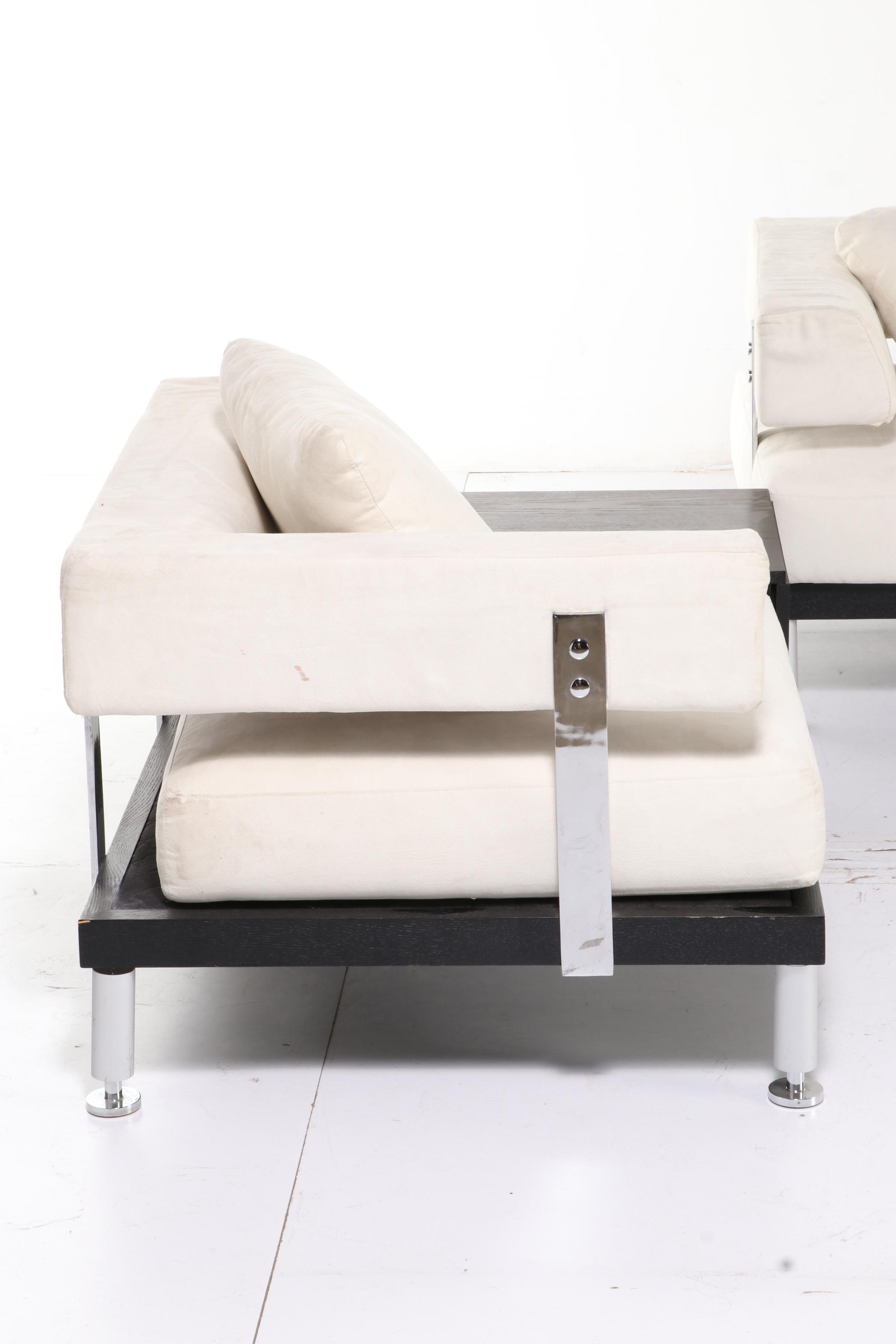 Ebonized Wood, Chrome and Micro-Suede Three-Piece Modular Sofa with Chair