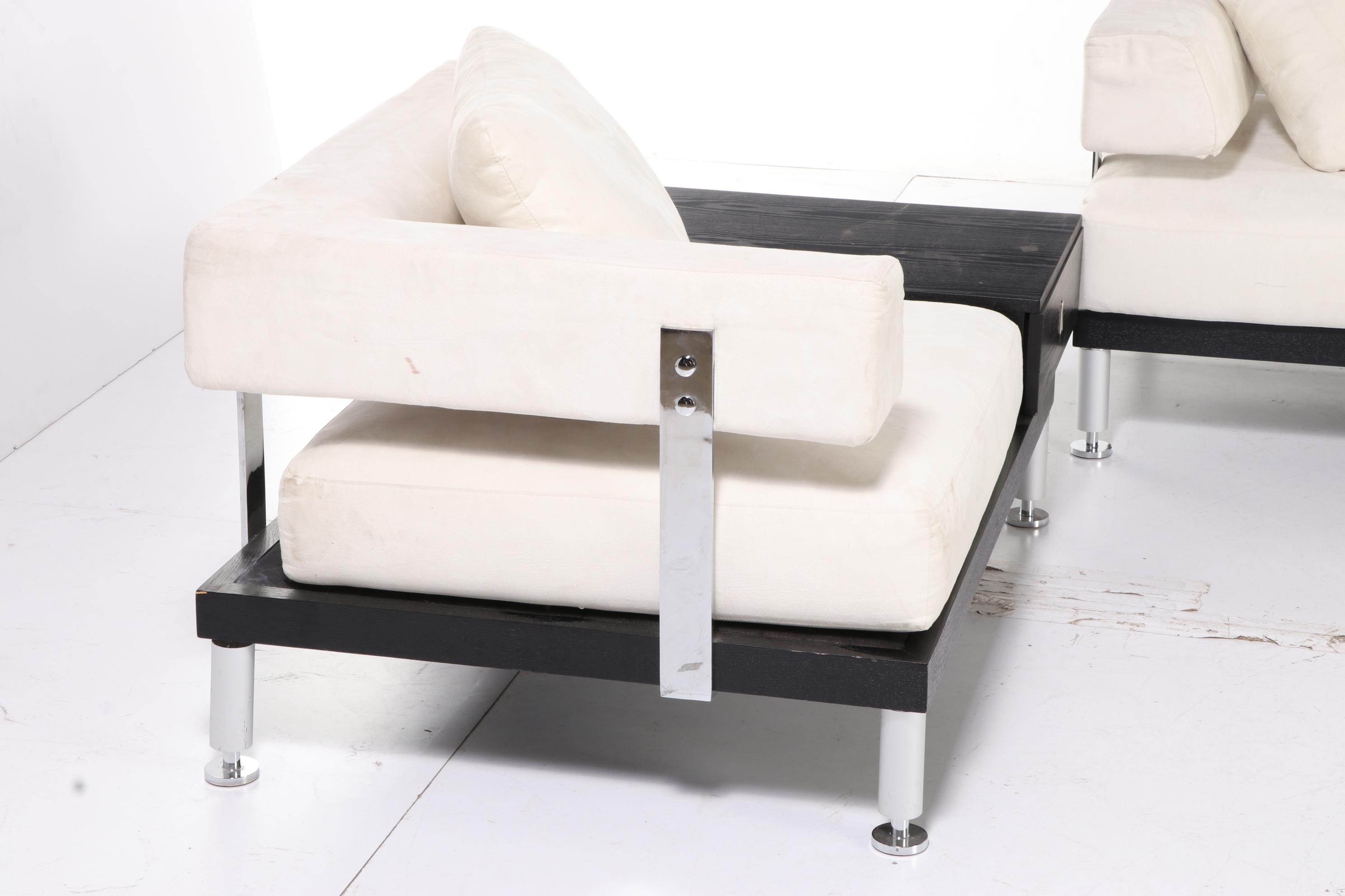 Ebonized Wood, Chrome and Micro-Suede Three-Piece Modular Sofa with Chair