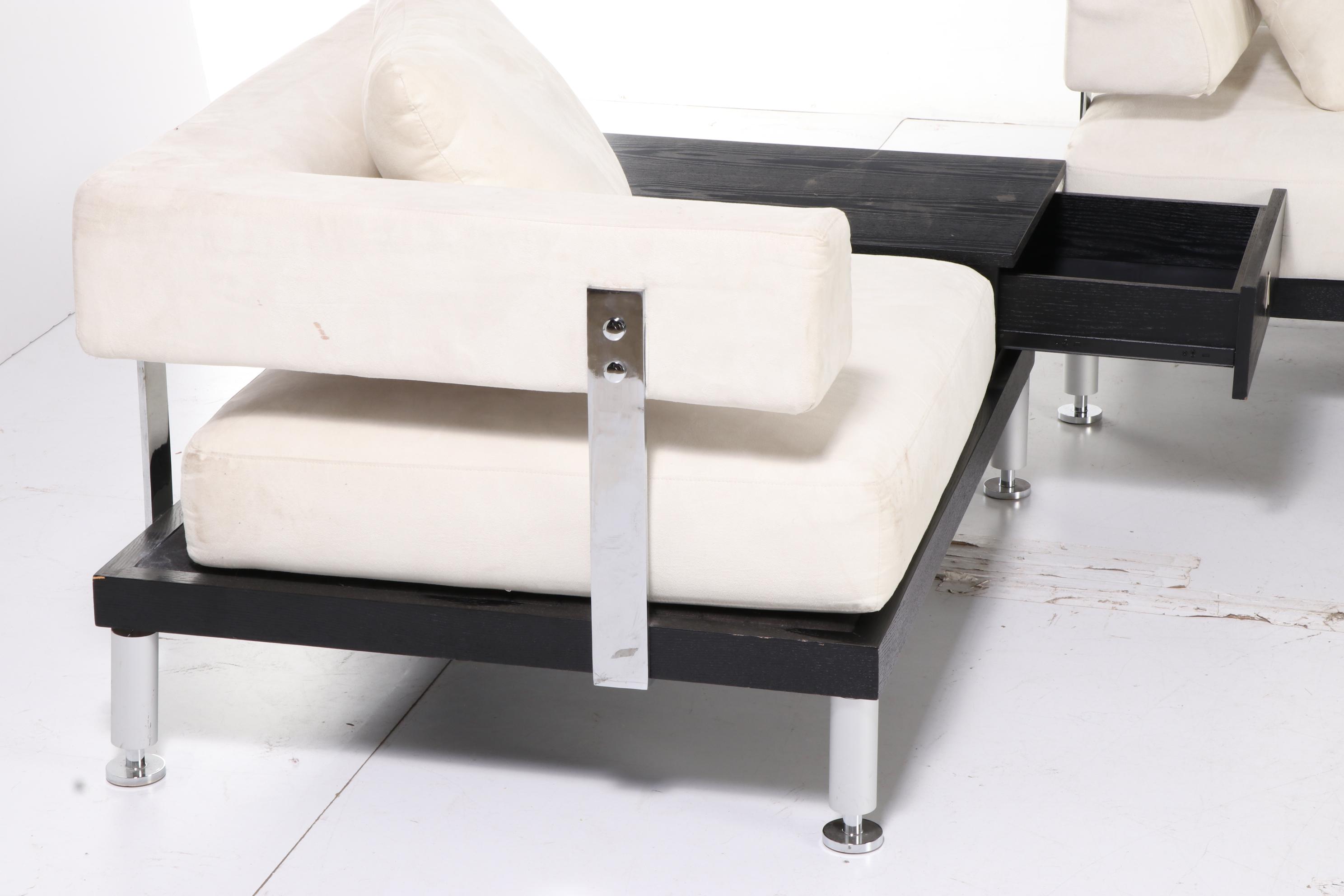 Ebonized Wood, Chrome and Micro-Suede Three-Piece Modular Sofa with Chair