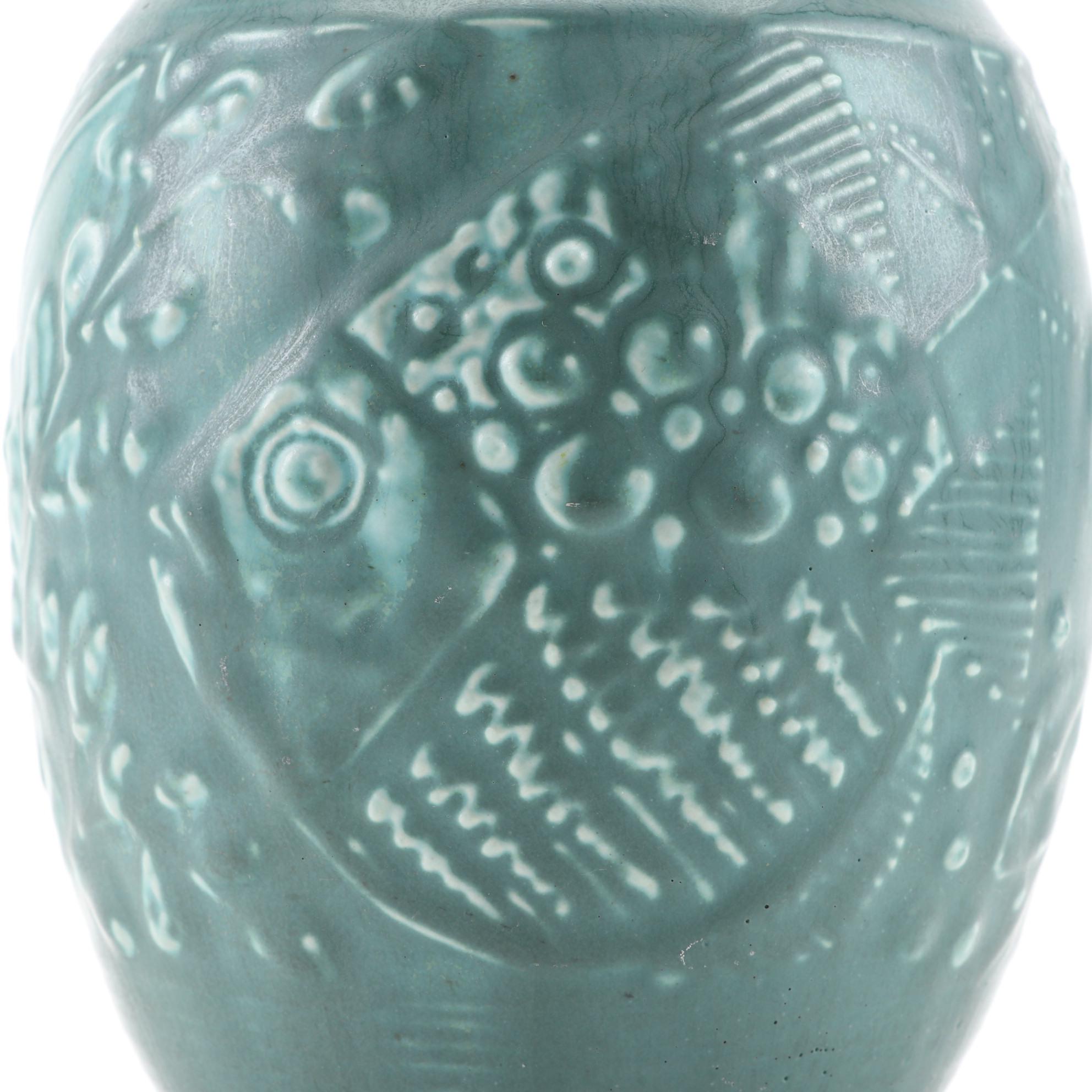 Rookwood Pottery Green Matte Glaze Fish Motif Ceramic Vase, 1931